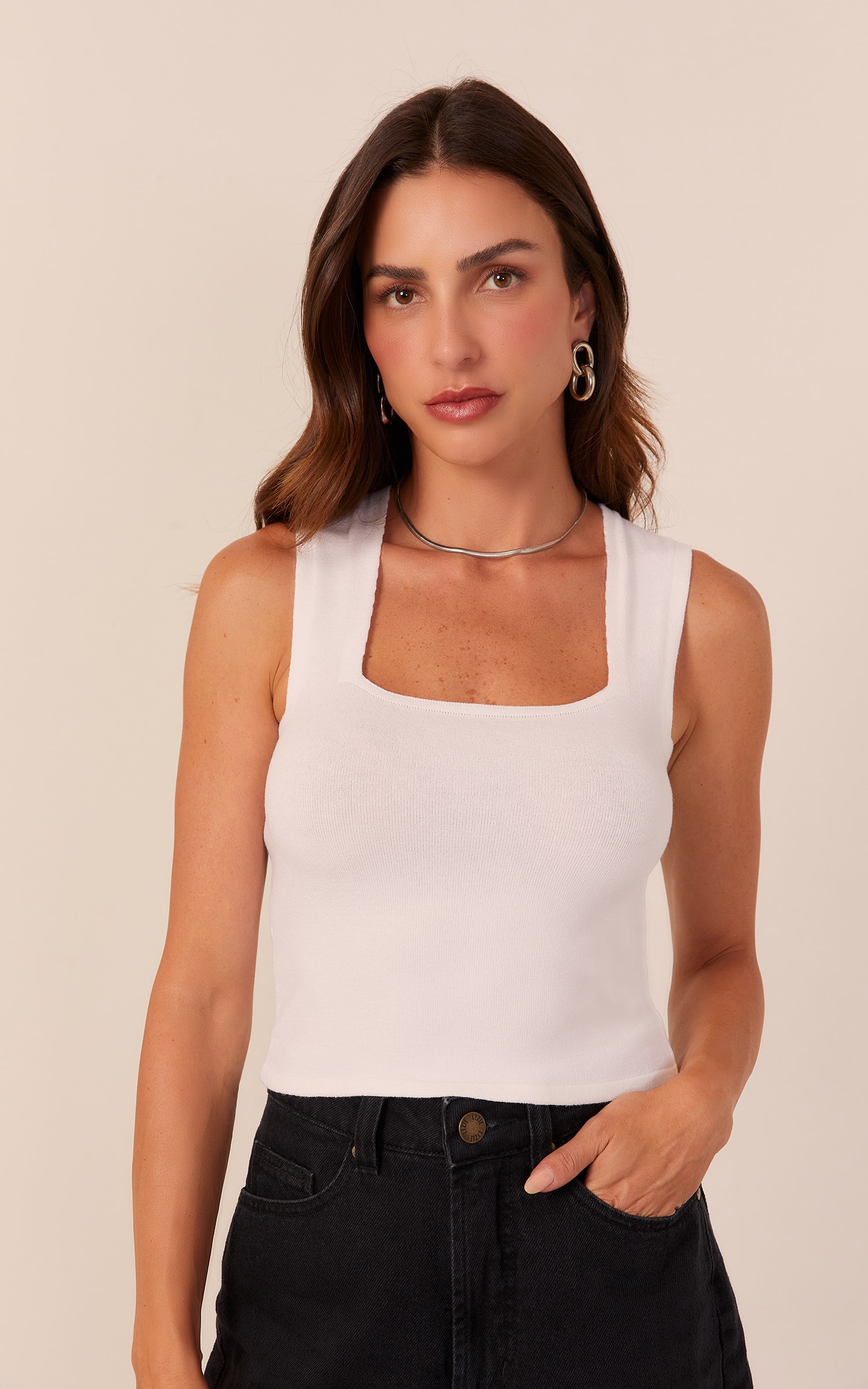 Cropped Tricot Decote Trapézio Off White