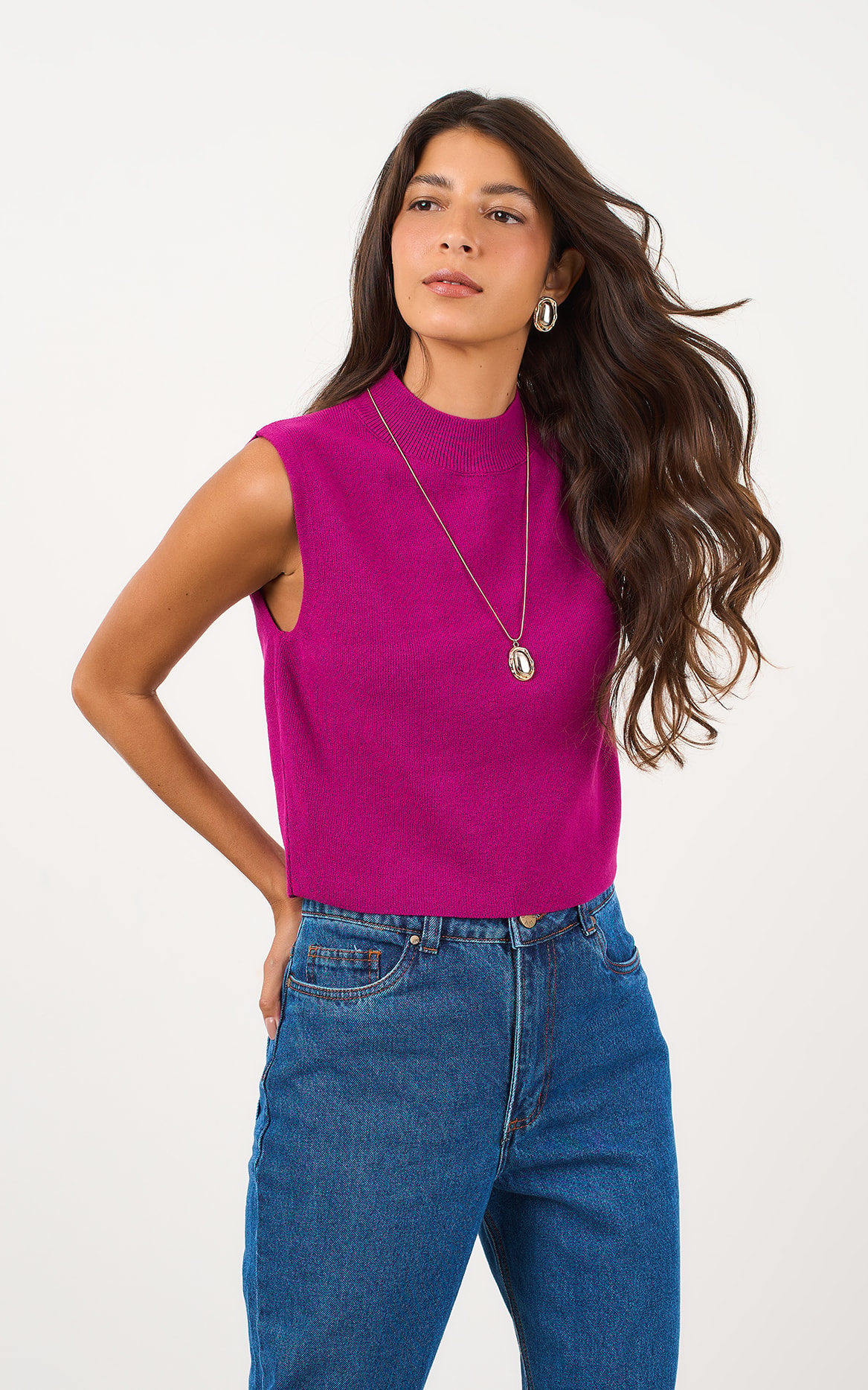 Cropped Tricot Gola Canelada Fúcsia