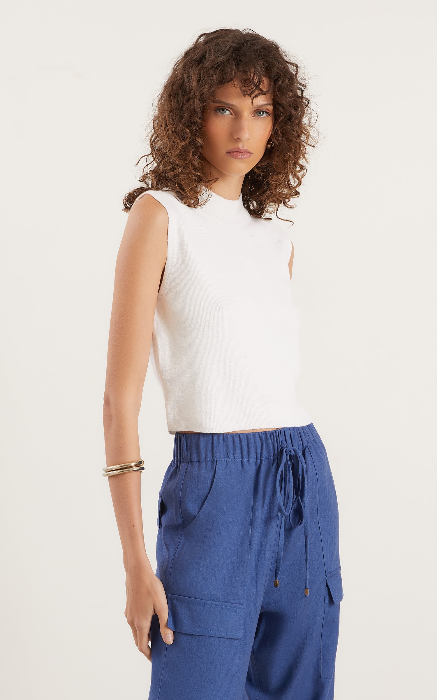 Cropped Tricot Gola Canelada Off White