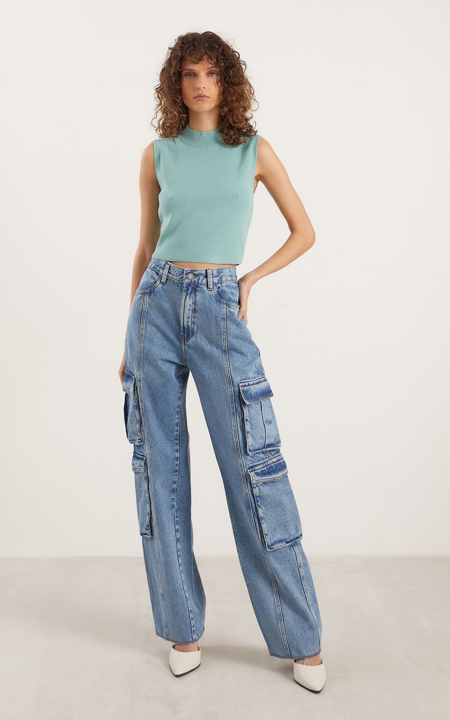 Cropped Tricot Gola Canelada Verde Água