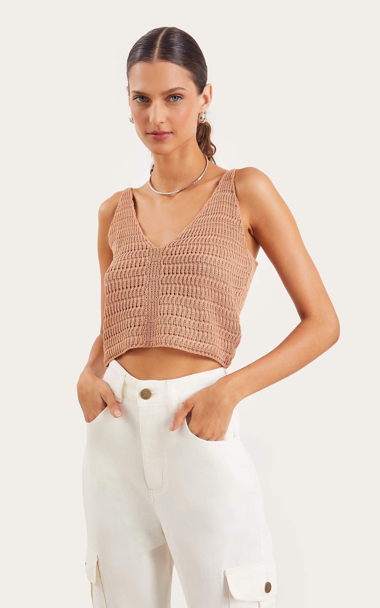 Cropped Tricot Ponto Vazado Nude
