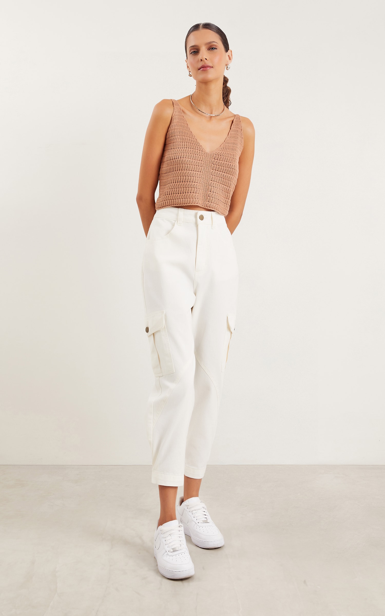 Cropped Tricot Ponto Vazado Nude