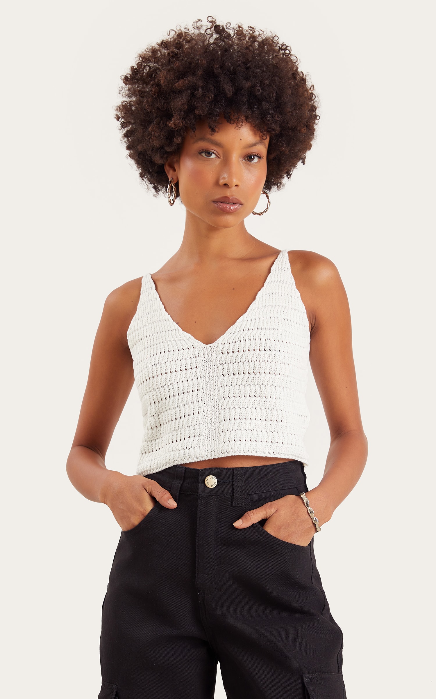 Cropped Tricot Ponto Vazado Off White