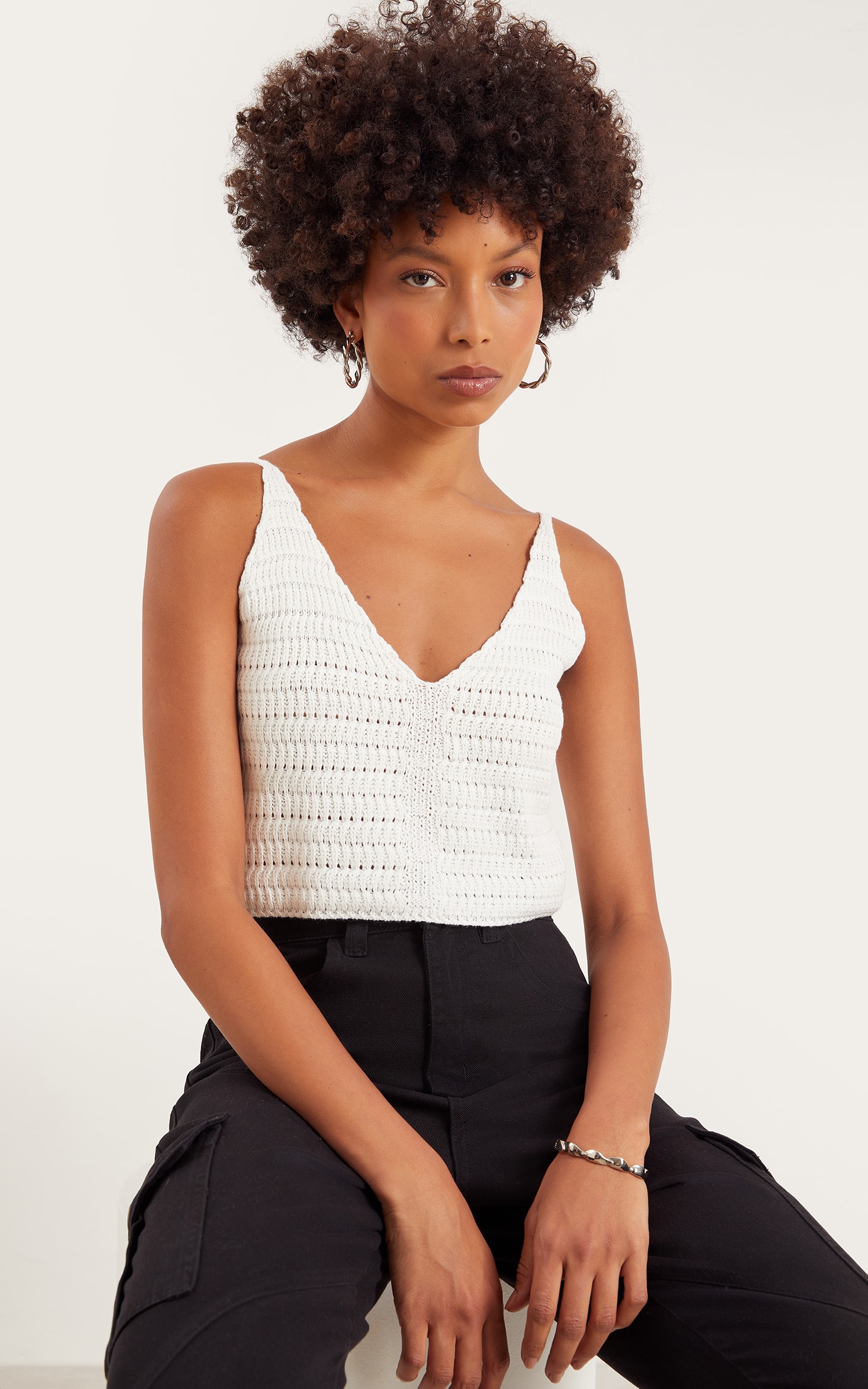 Cropped Tricot Ponto Vazado Off White