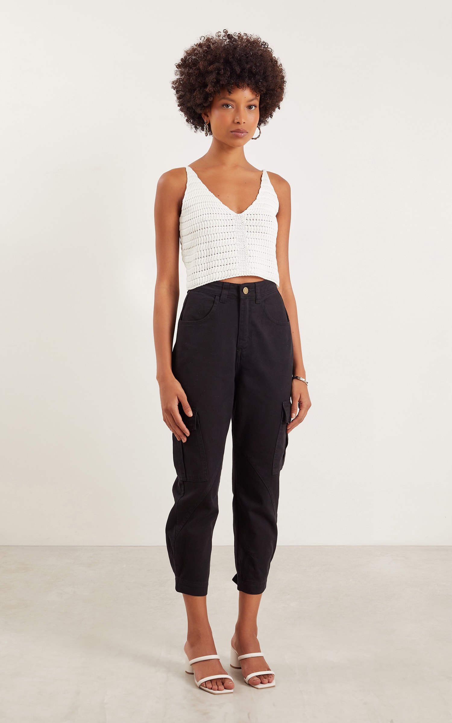 Cropped Tricot Ponto Vazado Off White