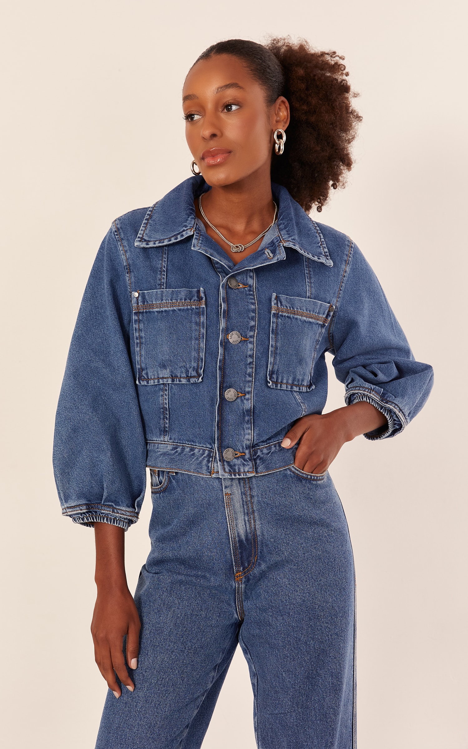 Jaqueta Manga Ampla Jeans Médio