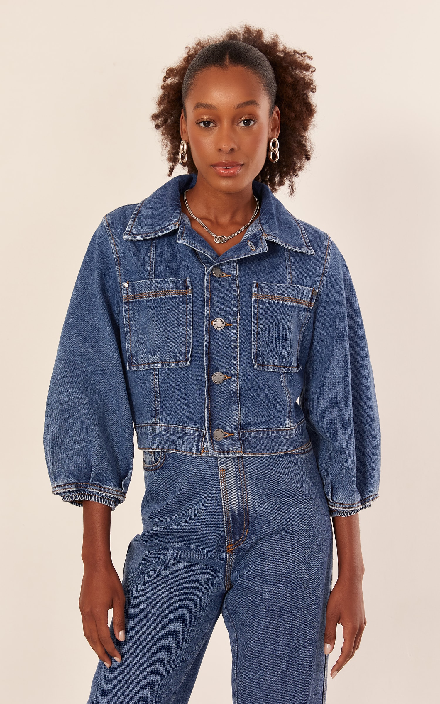 Jaqueta Manga Ampla Jeans Médio