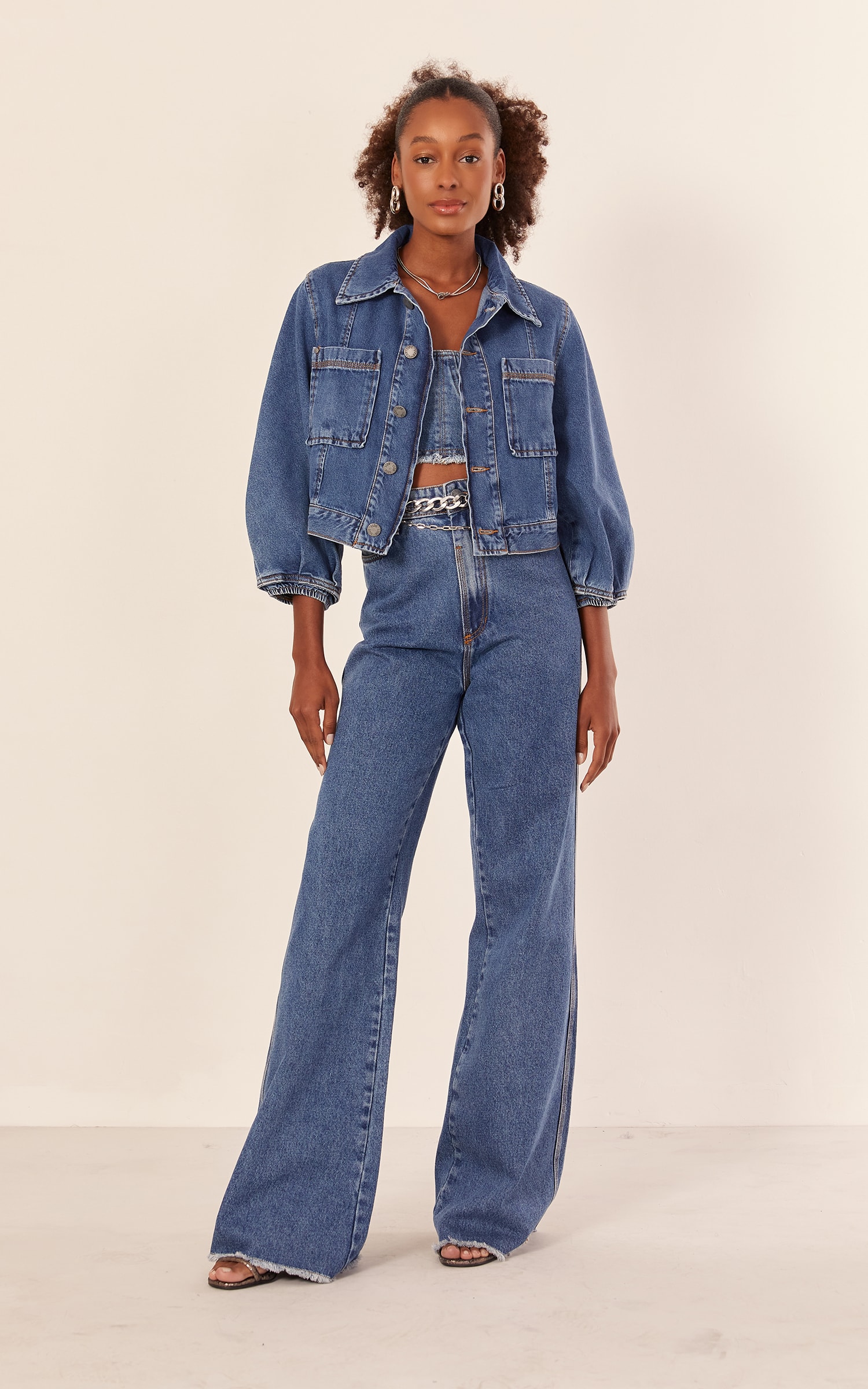 Jaqueta Manga Ampla Jeans Médio