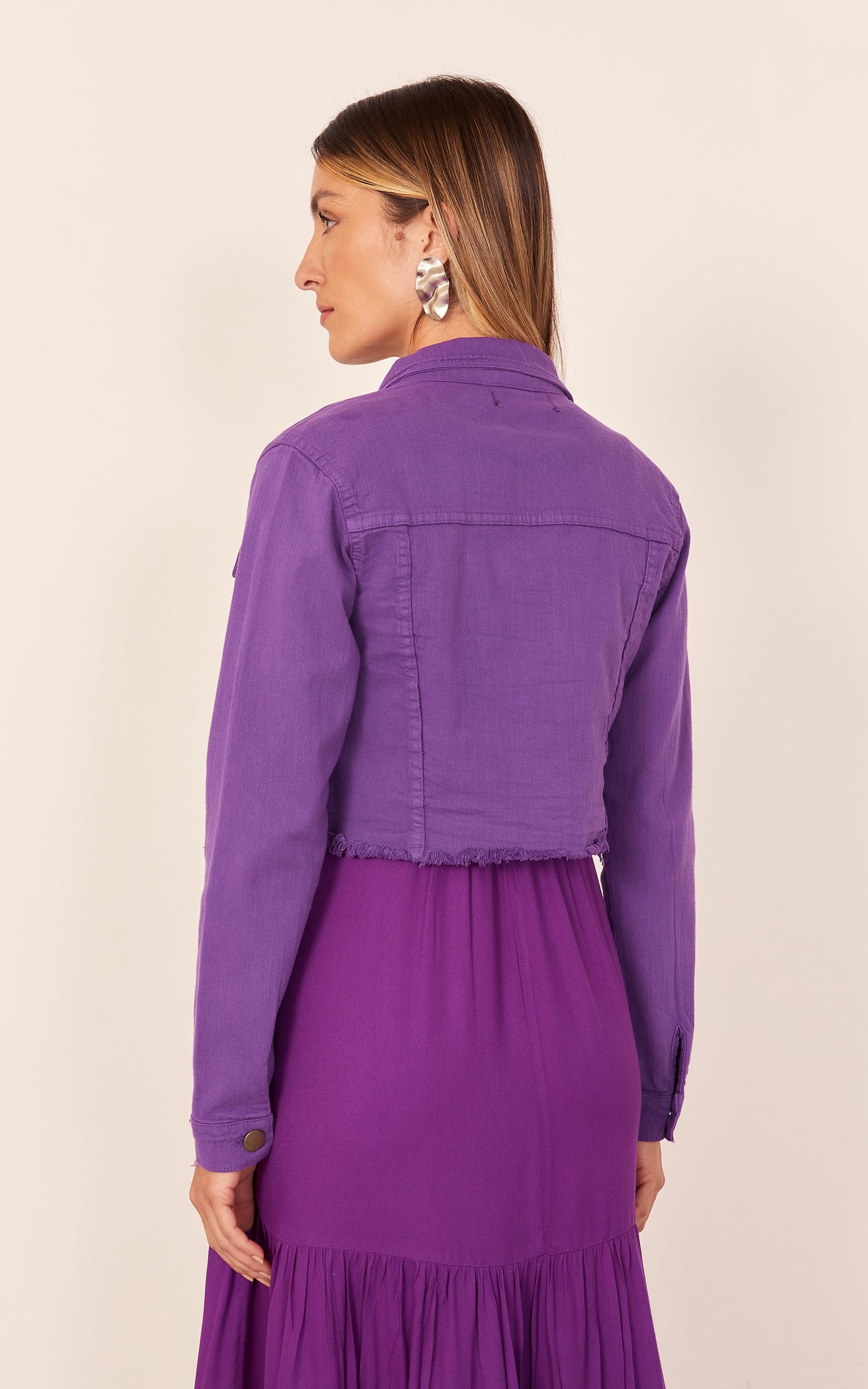 Jaqueta Sarja Cropped Fúcsia