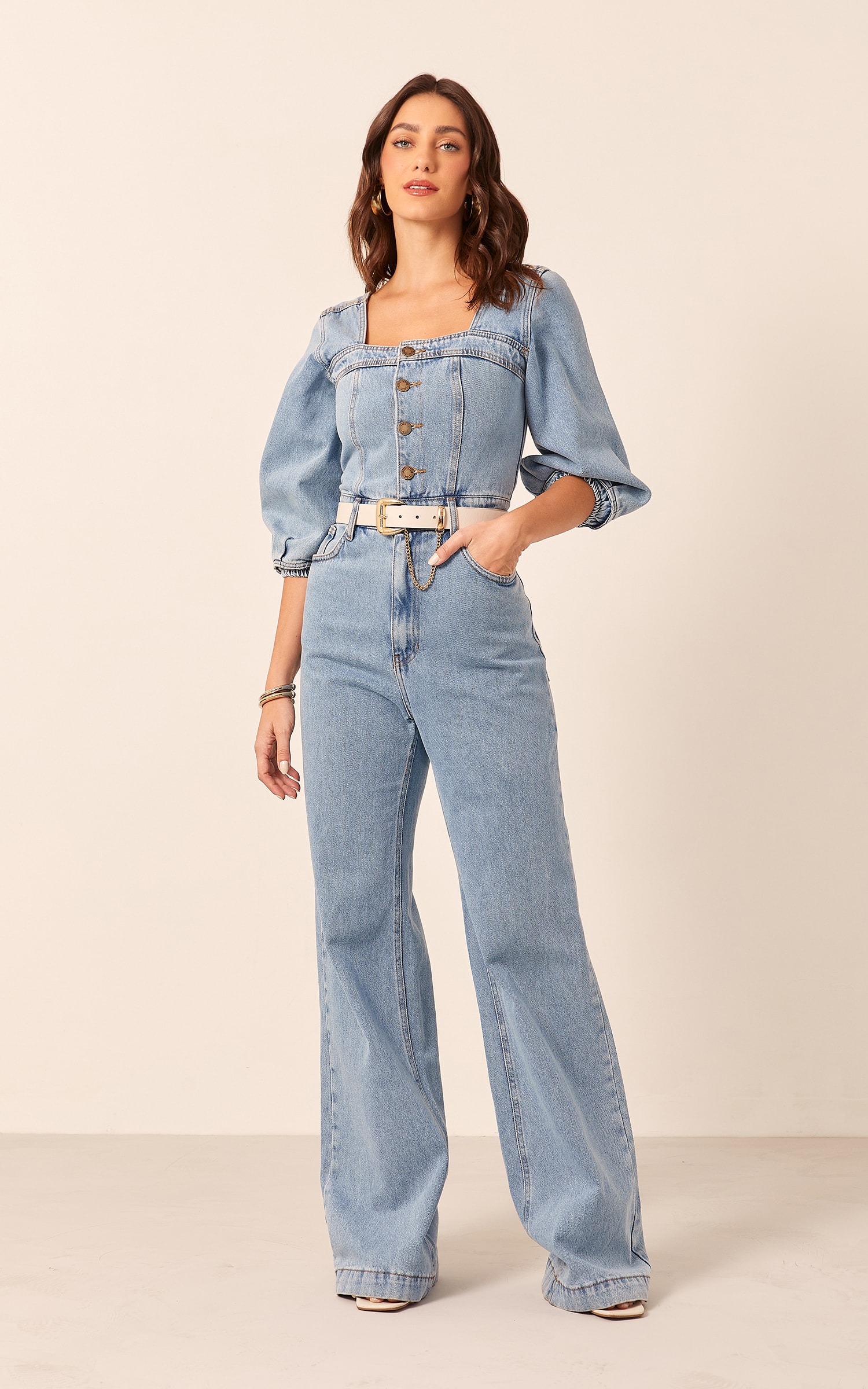 Macacão Manga Bufante Jeans