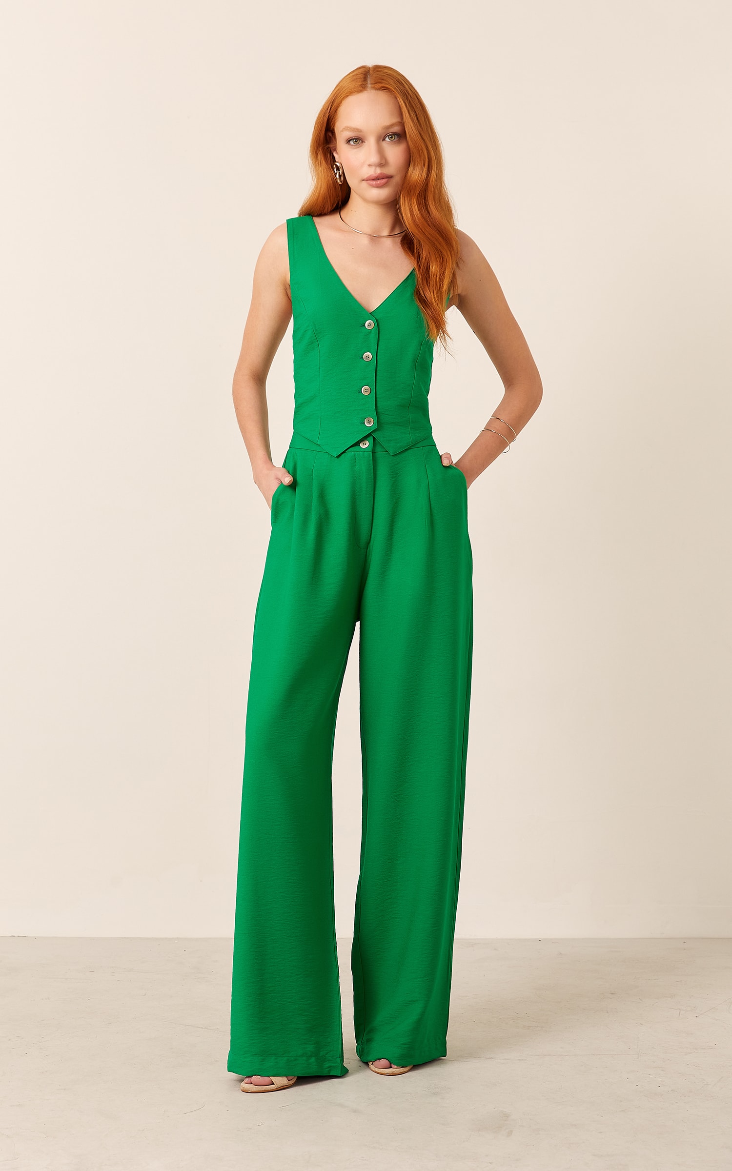 Pantalona Detalhe Pregas Verde Bandeira