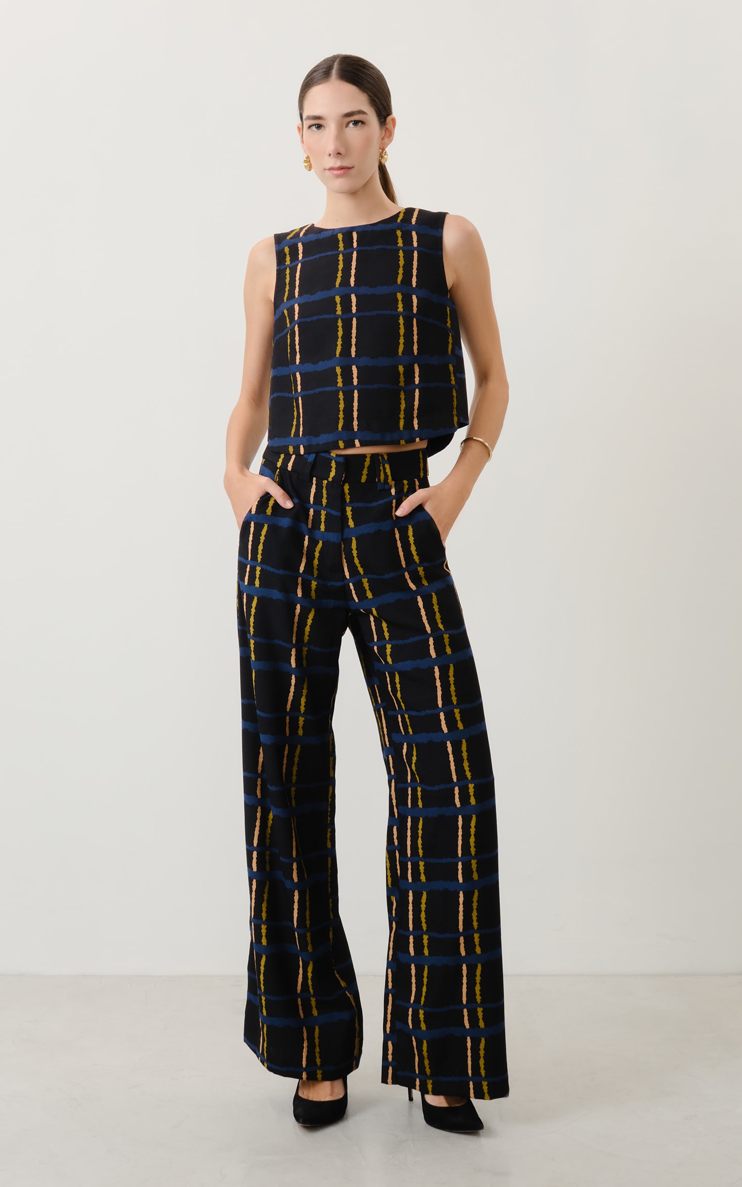 Pantalona Grid Com Passador Preto