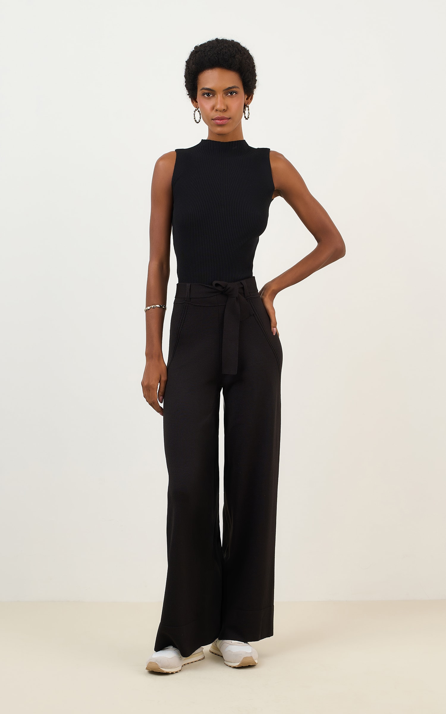 Pantalona Tricot Com Faixa Preto