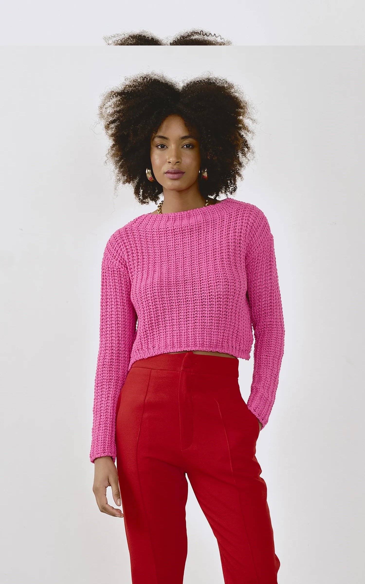 Pull Cropped Tricot Rosa