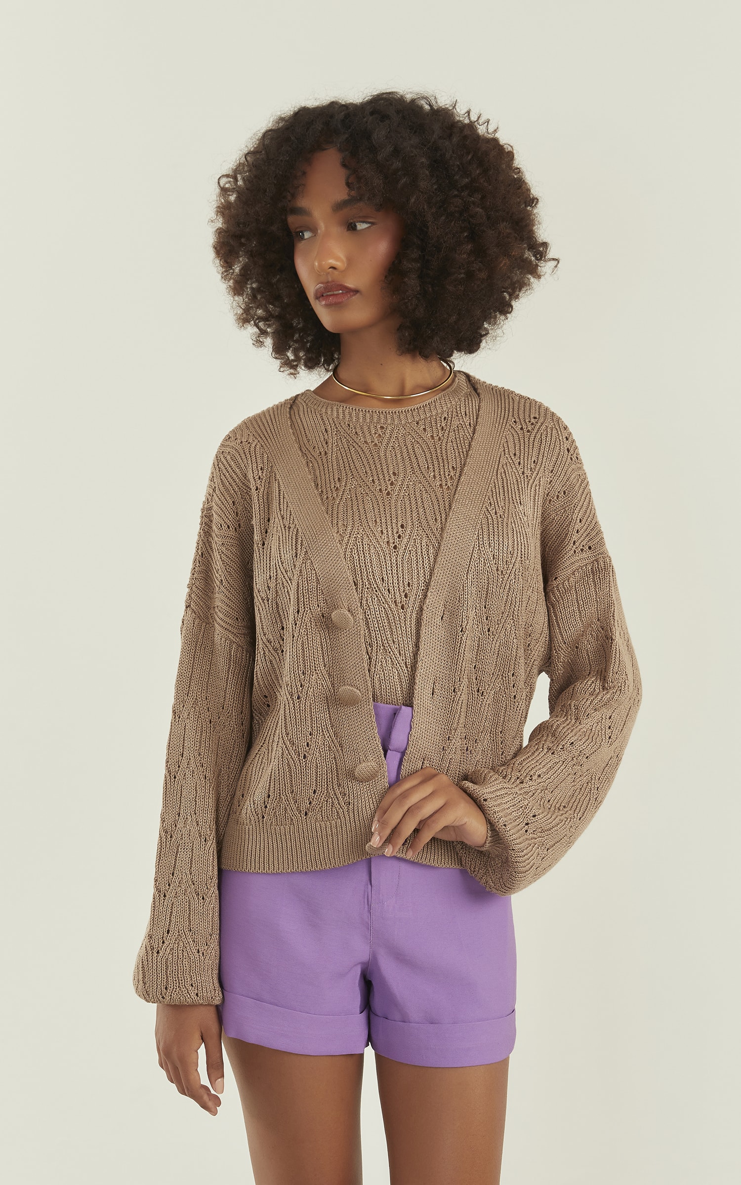 Pull Tricot Brilhante Areia