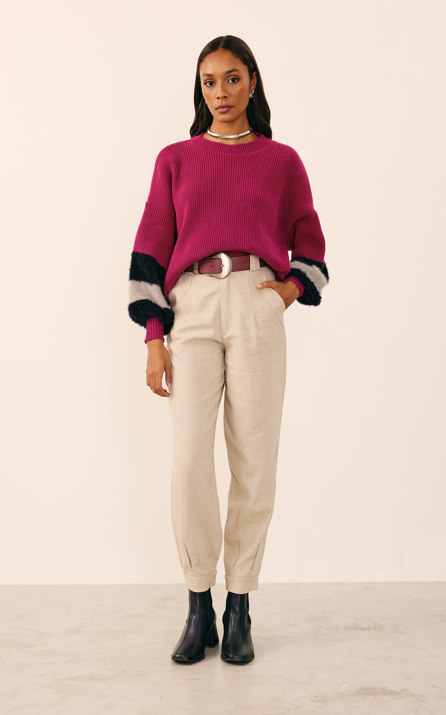 Pull Tricot Manga Detalhe Pelo Fúcsia