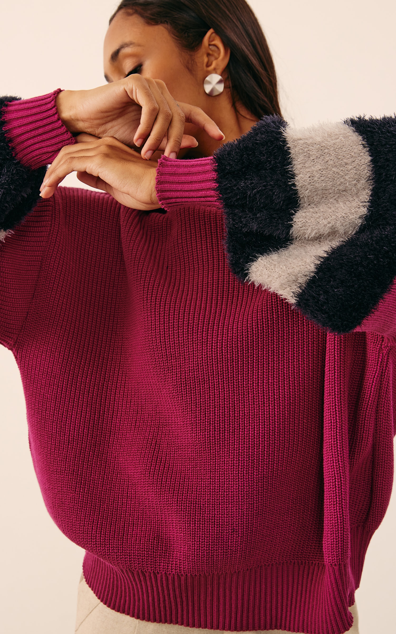 Pull Tricot Manga Detalhe Pelo Fúcsia