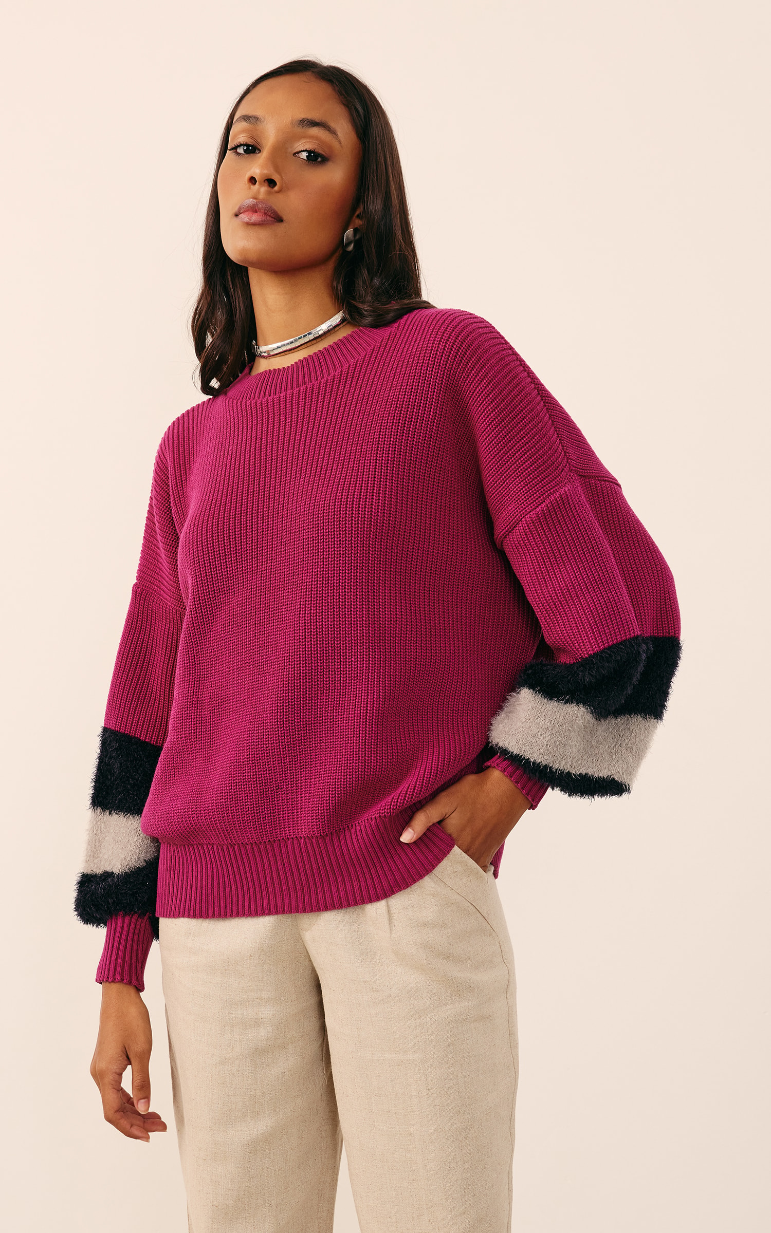 Pull Tricot Manga Detalhe Pelo Fúcsia