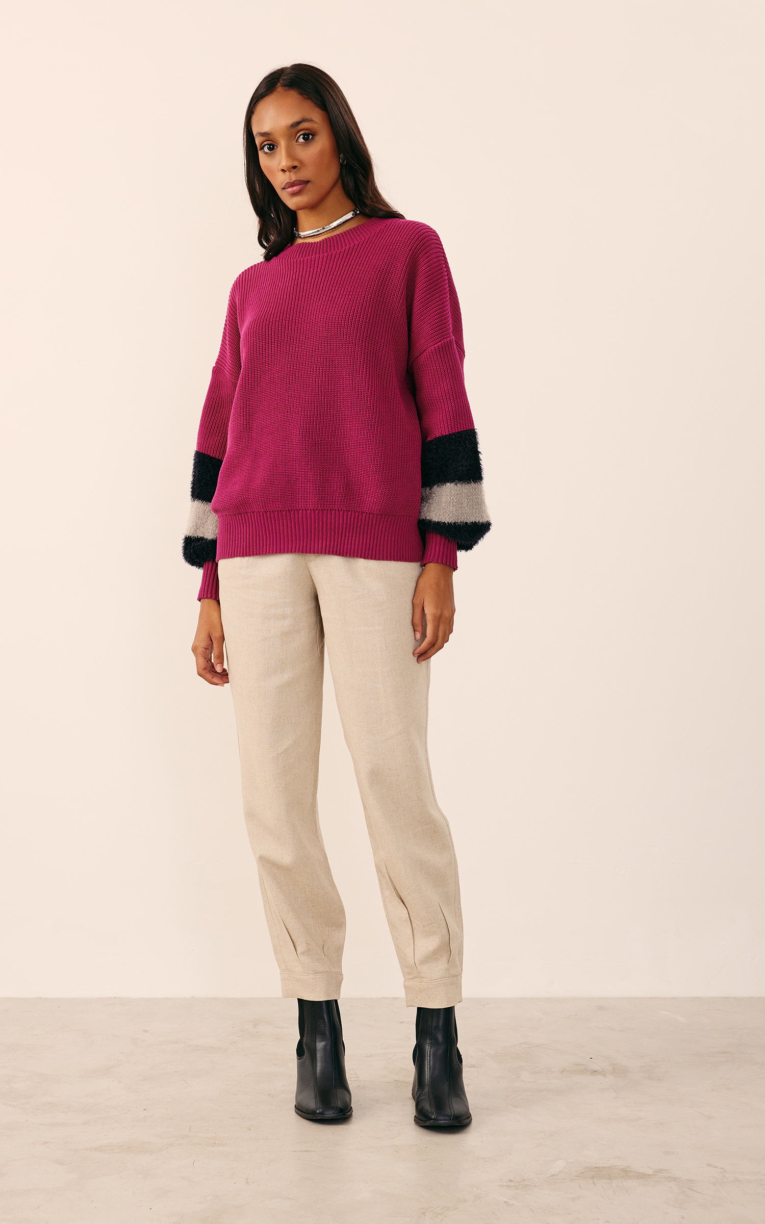 Pull Tricot Manga Detalhe Pelo Fúcsia
