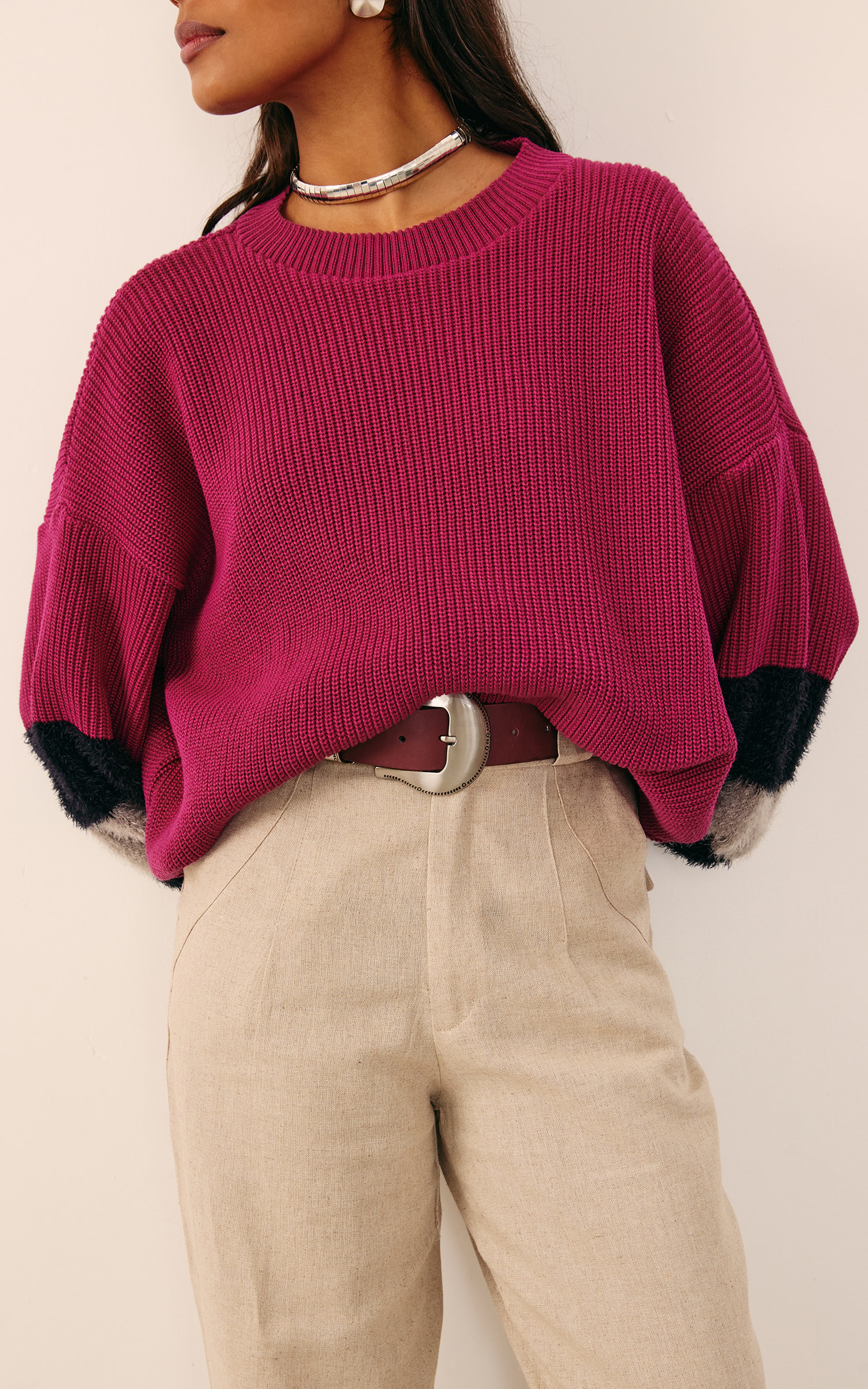 Pull Tricot Manga Detalhe Pelo Fúcsia