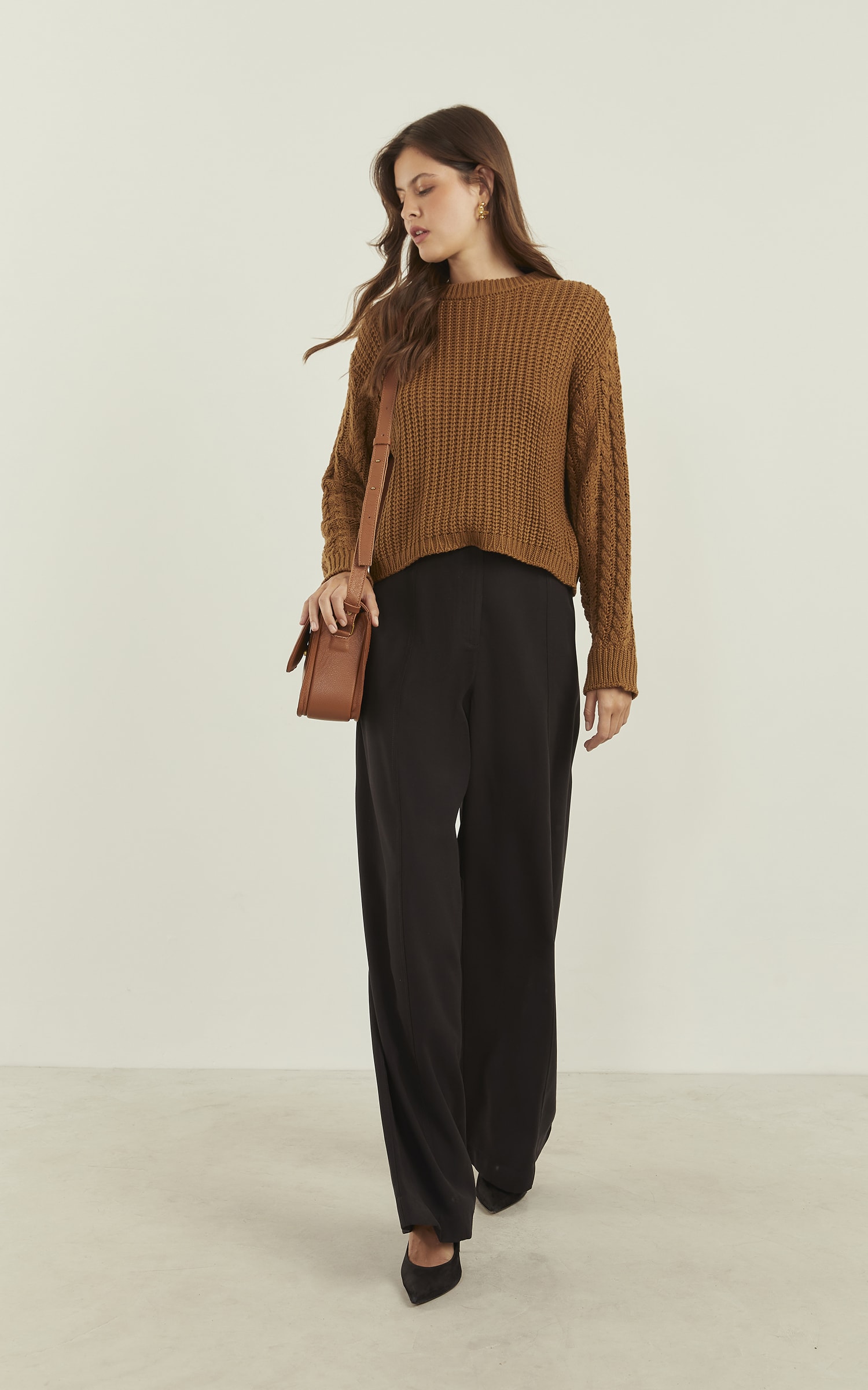 Pull Tricot Trançado Manga Amêndoa