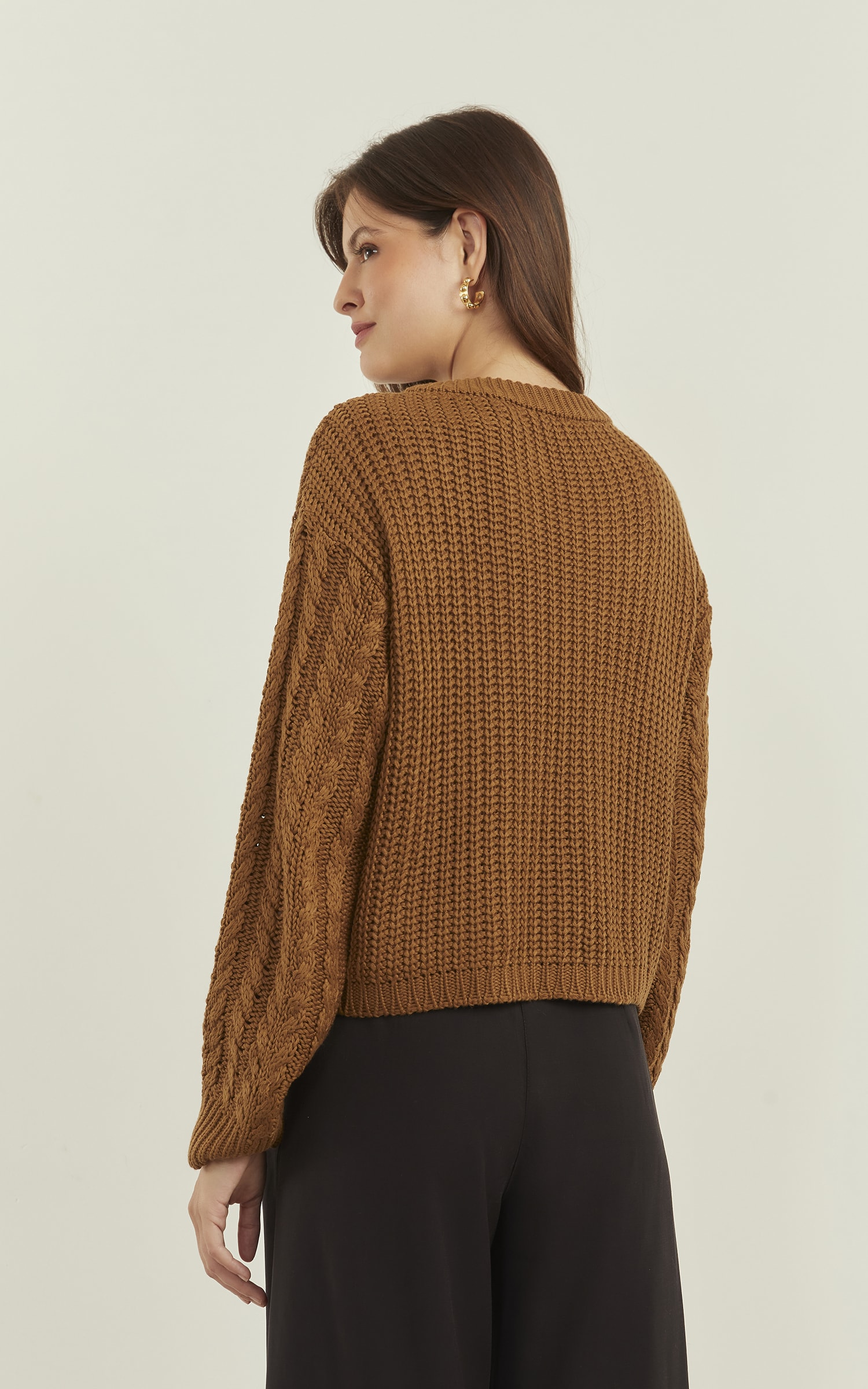 Pull Tricot Trançado Manga Amêndoa