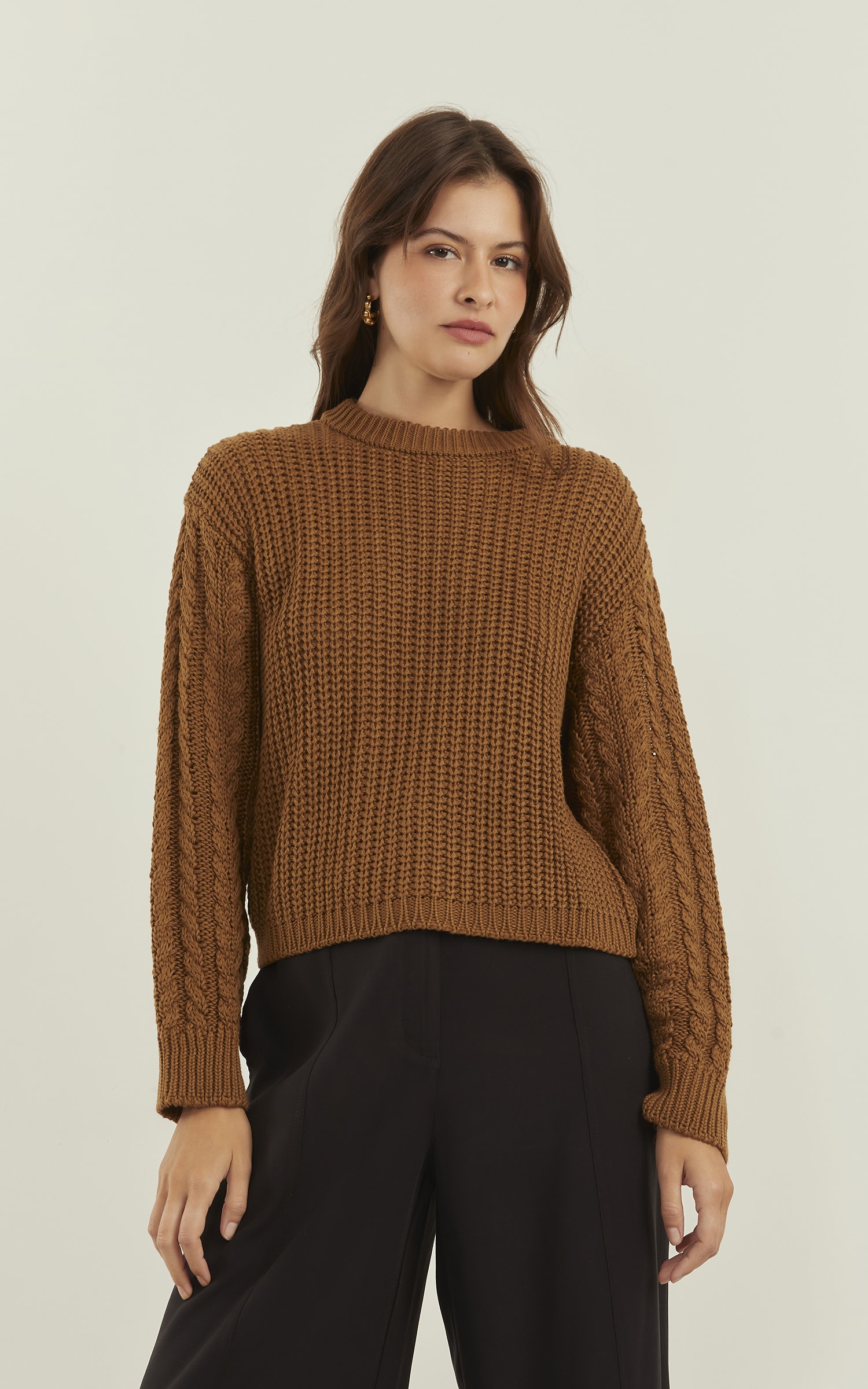 Pull Tricot Trançado Manga Amêndoa