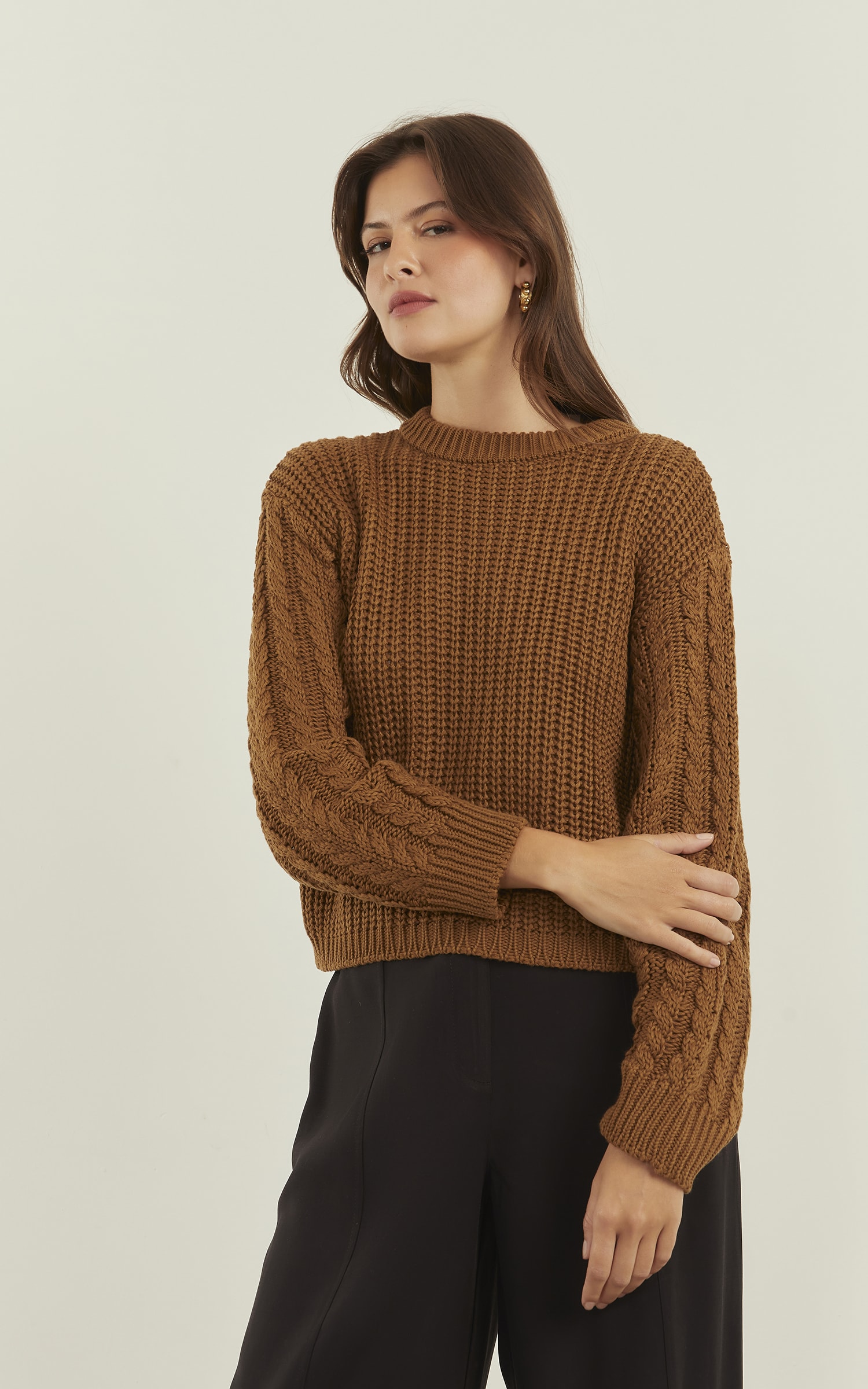 Pull Tricot Trançado Manga Amêndoa