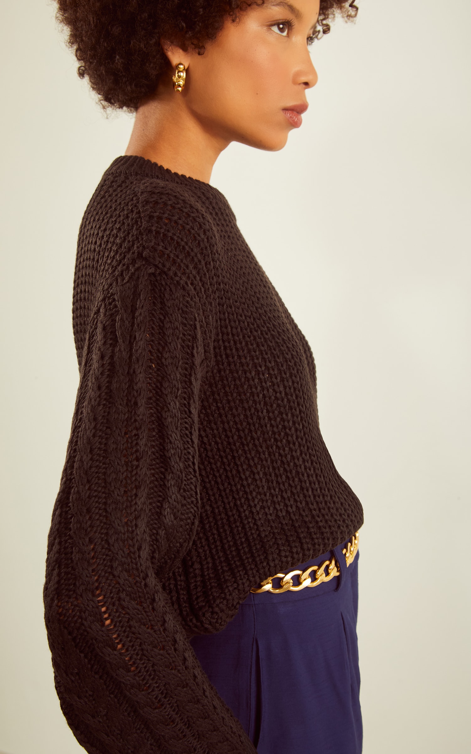 Pull Tricot Trançado Manga Preto