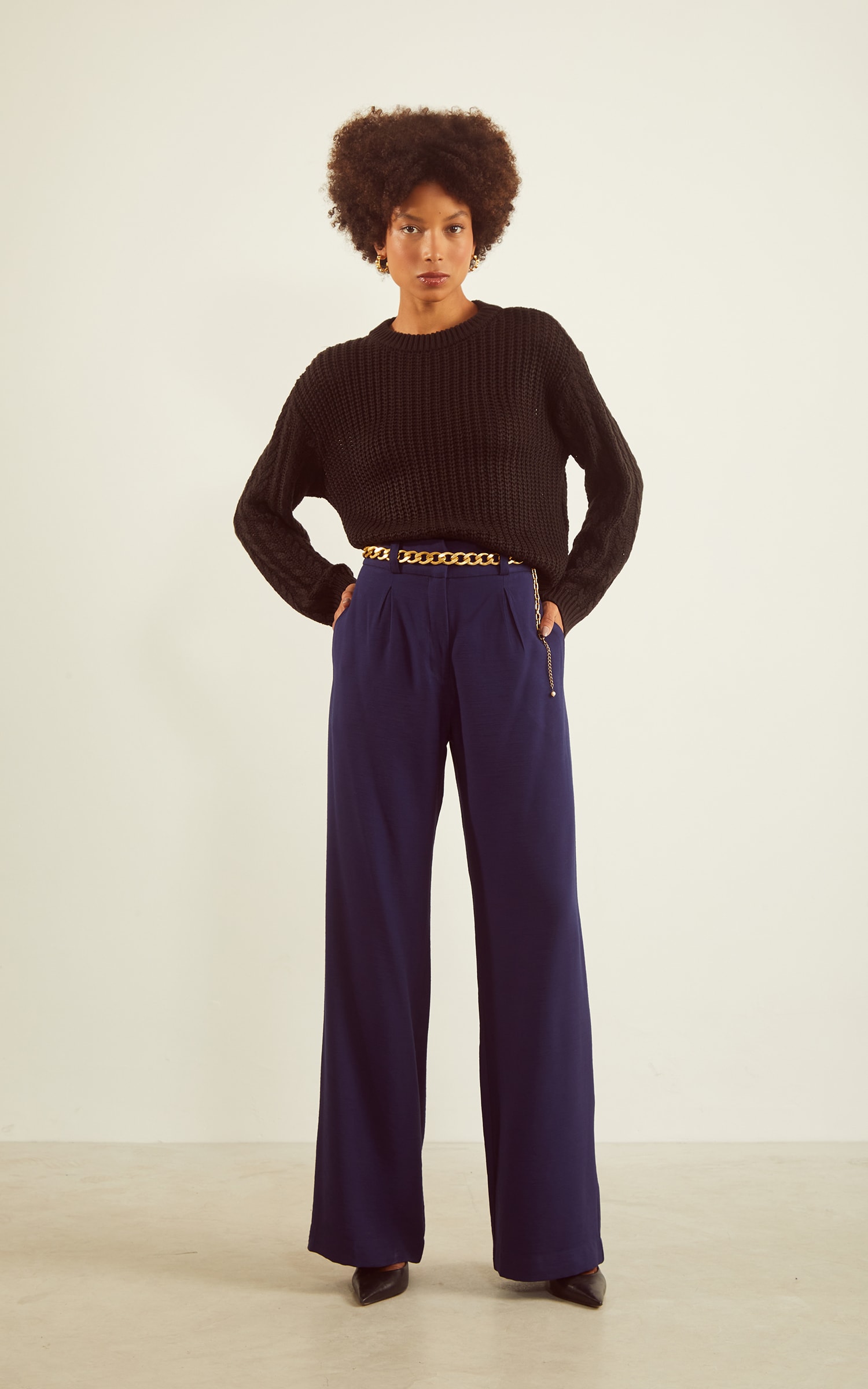 Pull Tricot Trançado Manga Preto