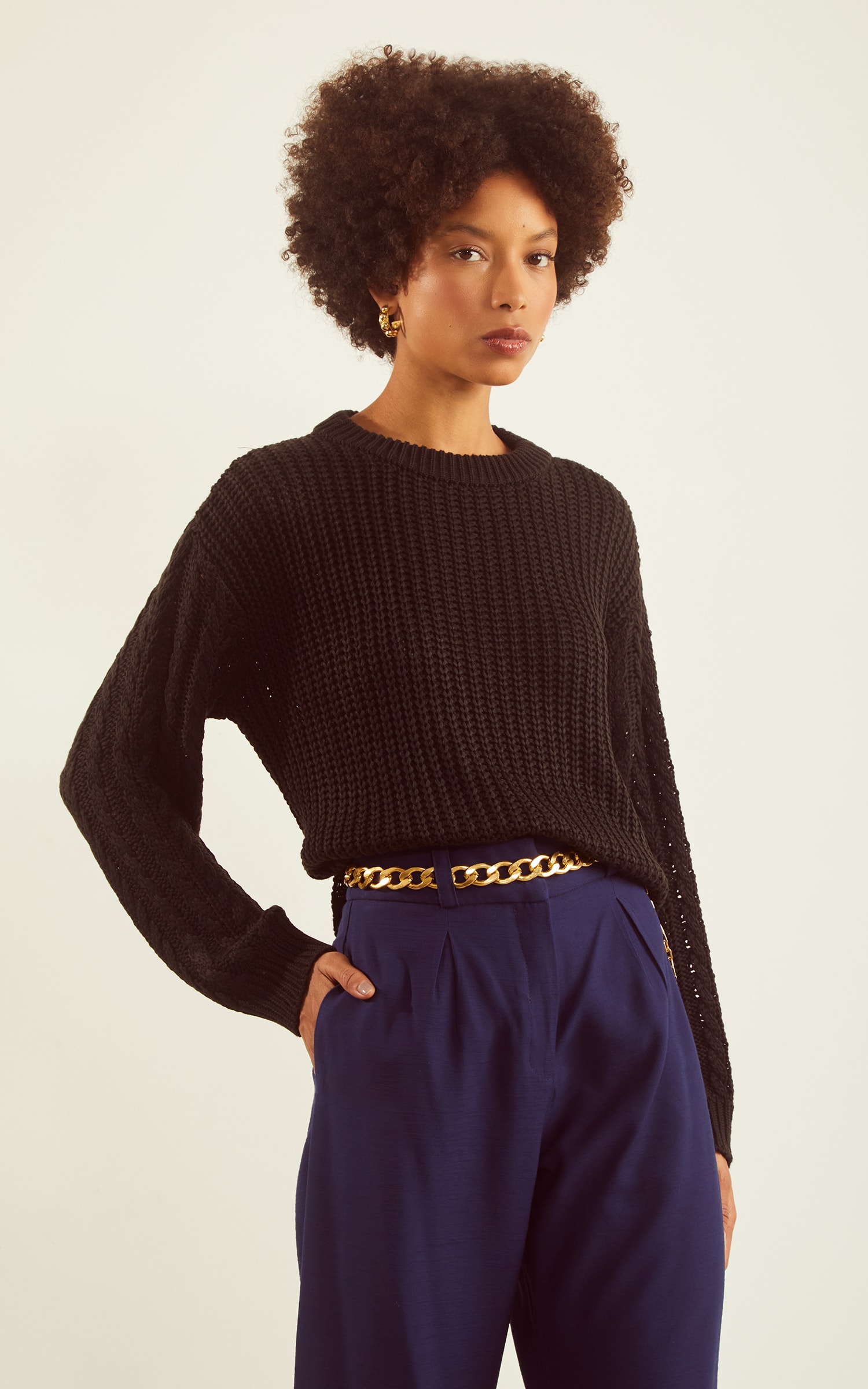 Pull Tricot Trançado Manga Preto