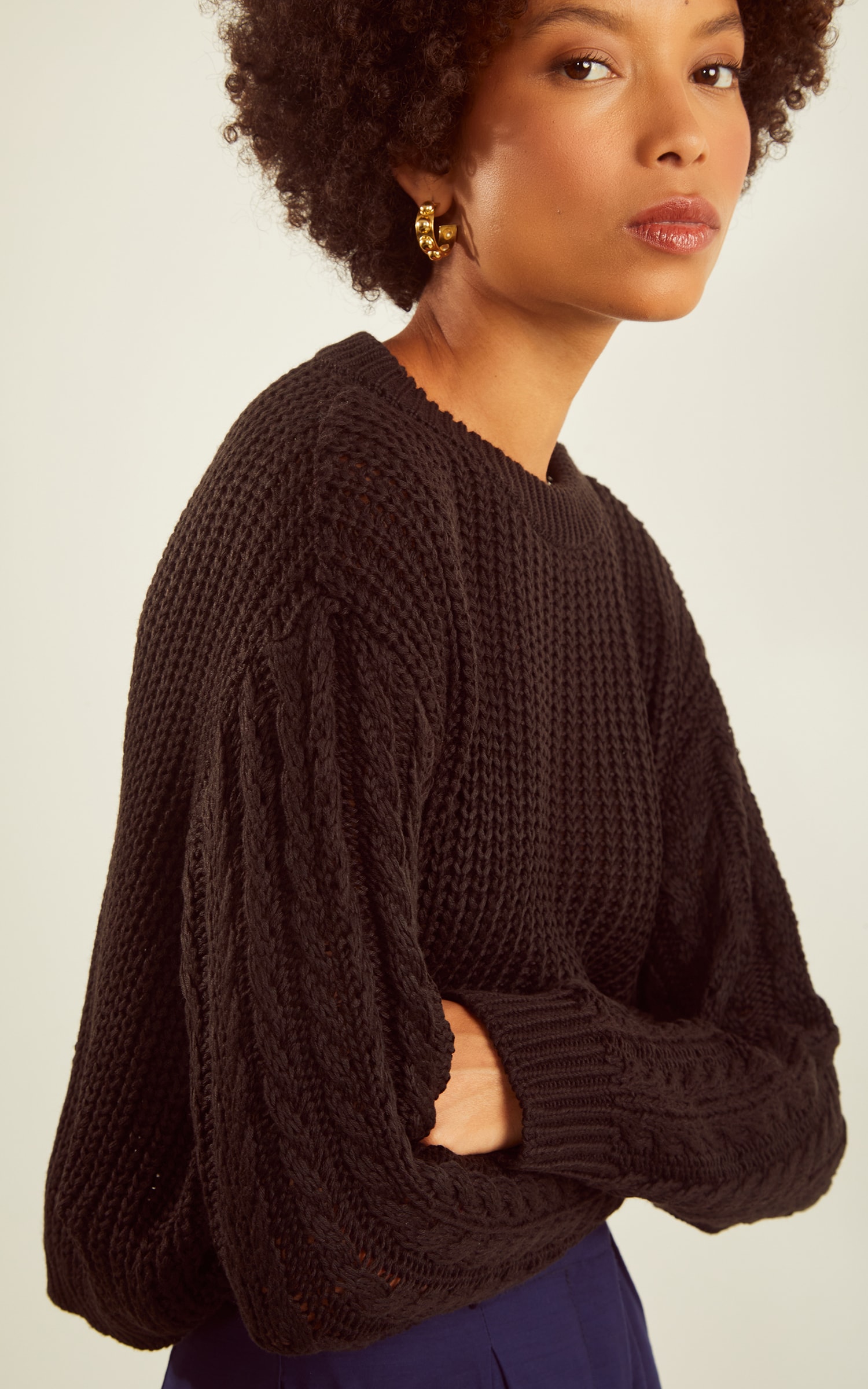 Pull Tricot Trançado Manga Preto