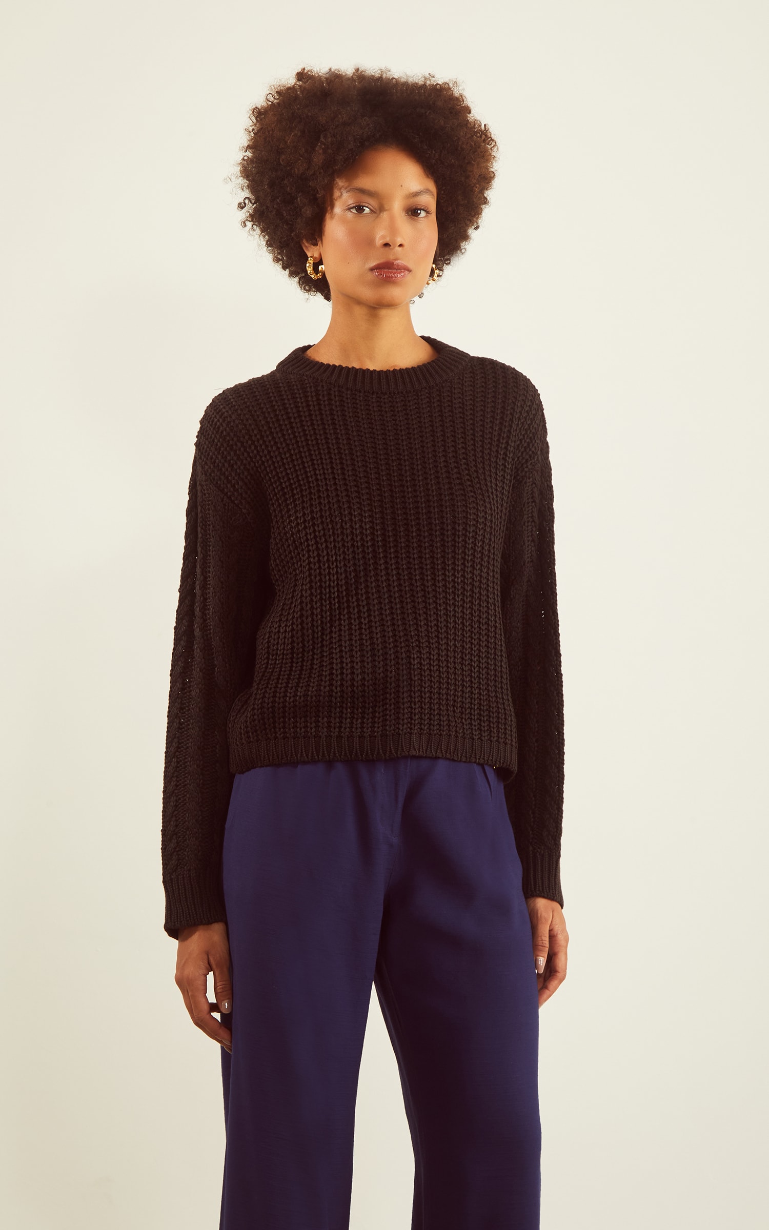 Pull Tricot Trançado Manga Preto
