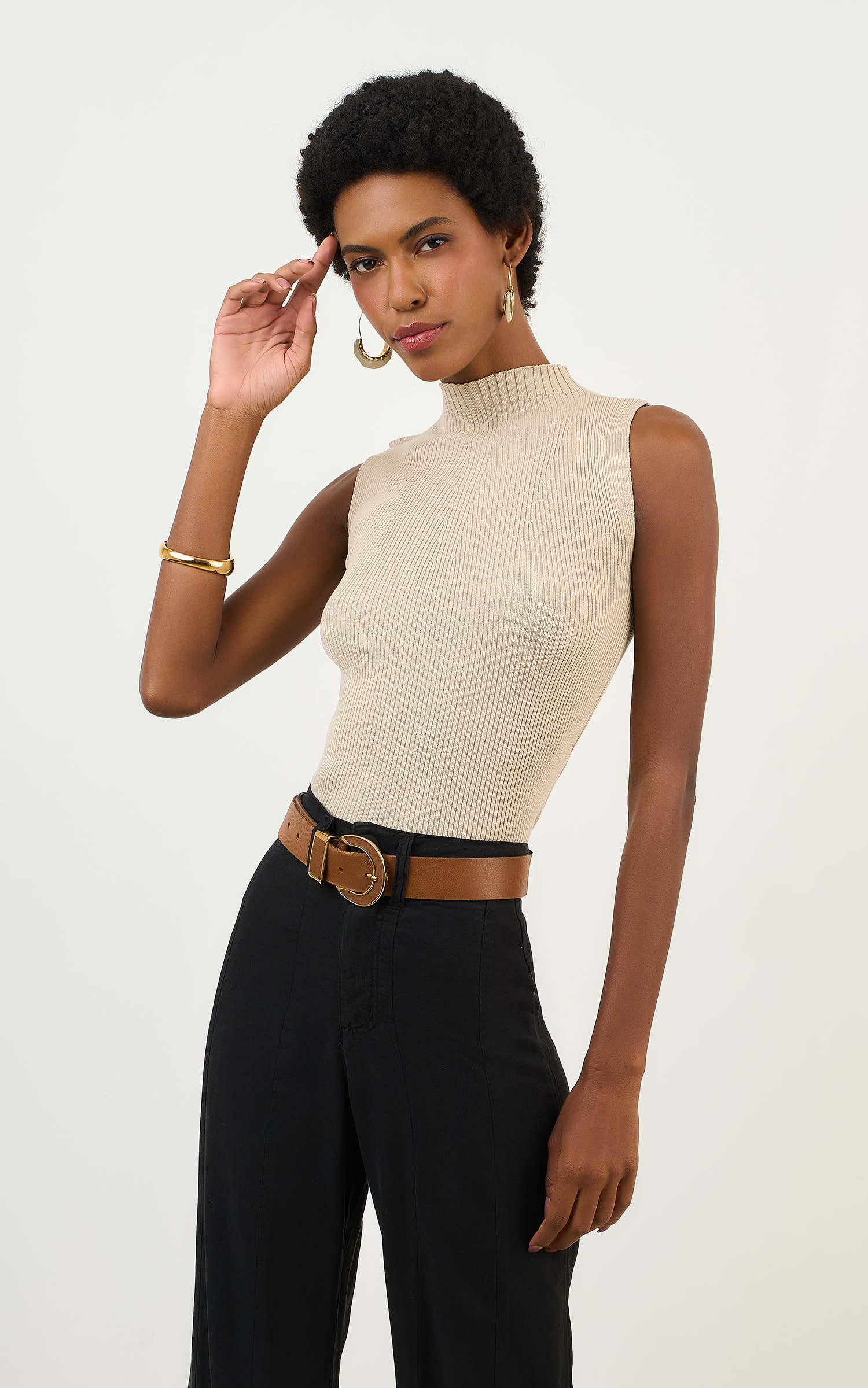 Regata Tricot Gola Canelada Areia
