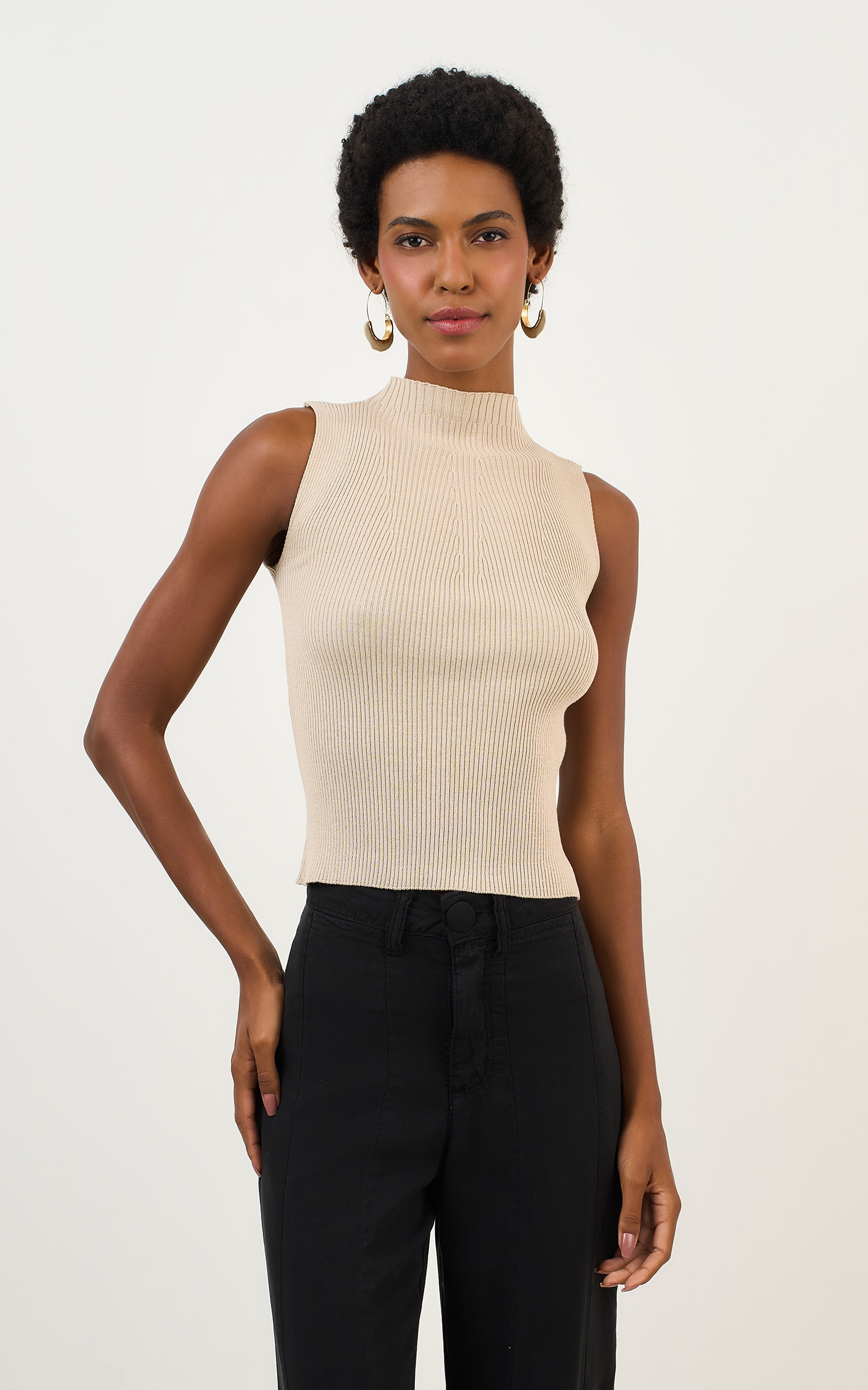 Regata Tricot Gola Canelada Areia