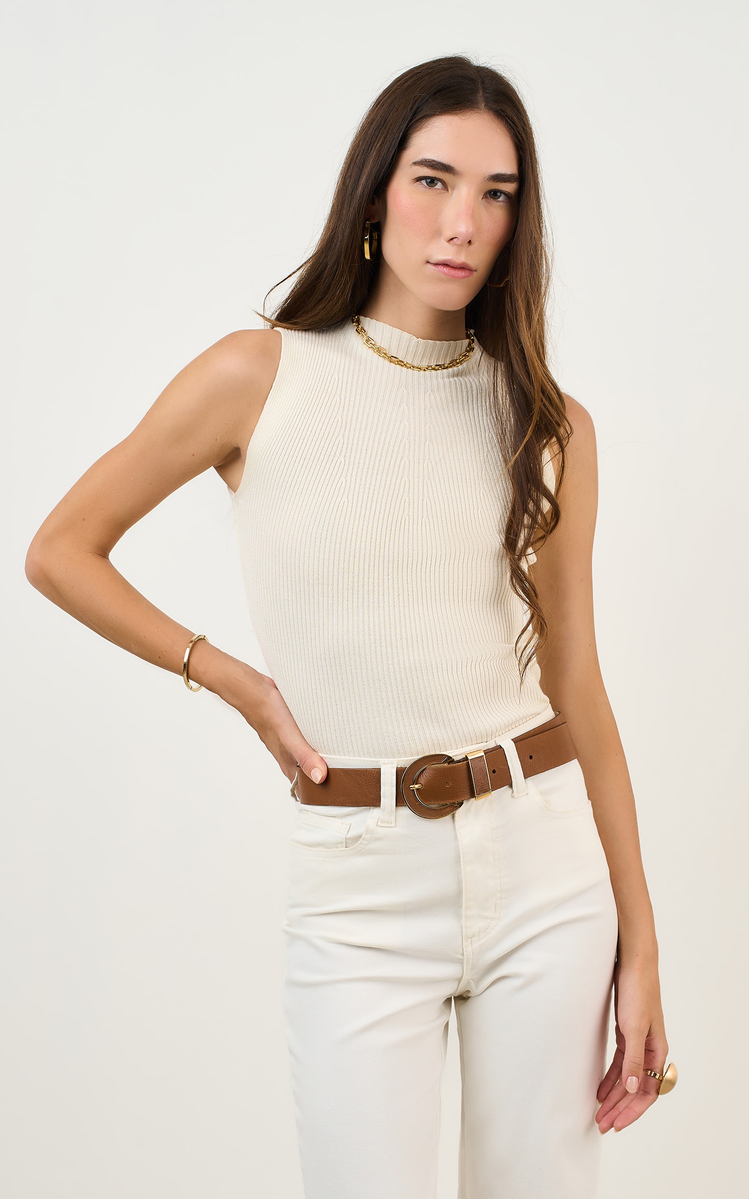 Regata Tricot Gola Canelada Off White