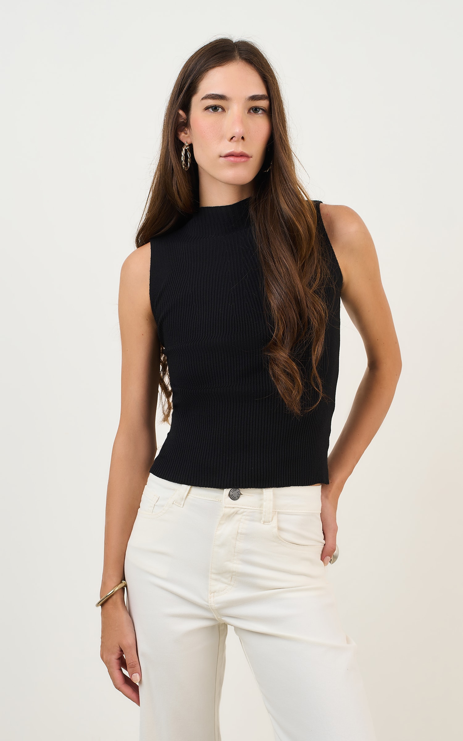 Regata Tricot Gola Canelada Preto
