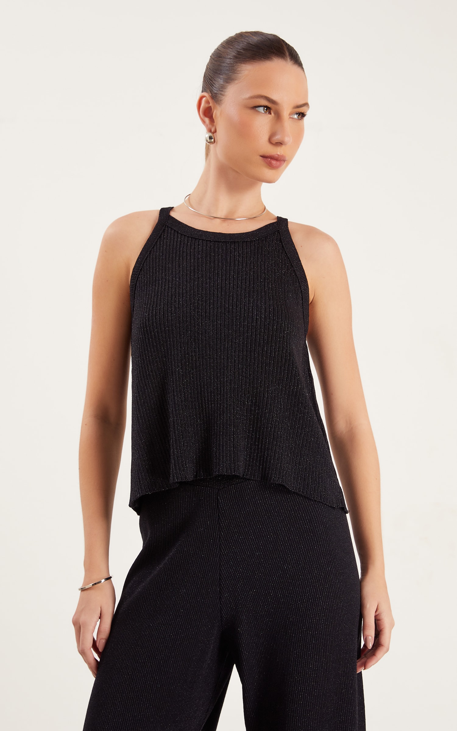 Regata Tricot Lurex Brilho Preto