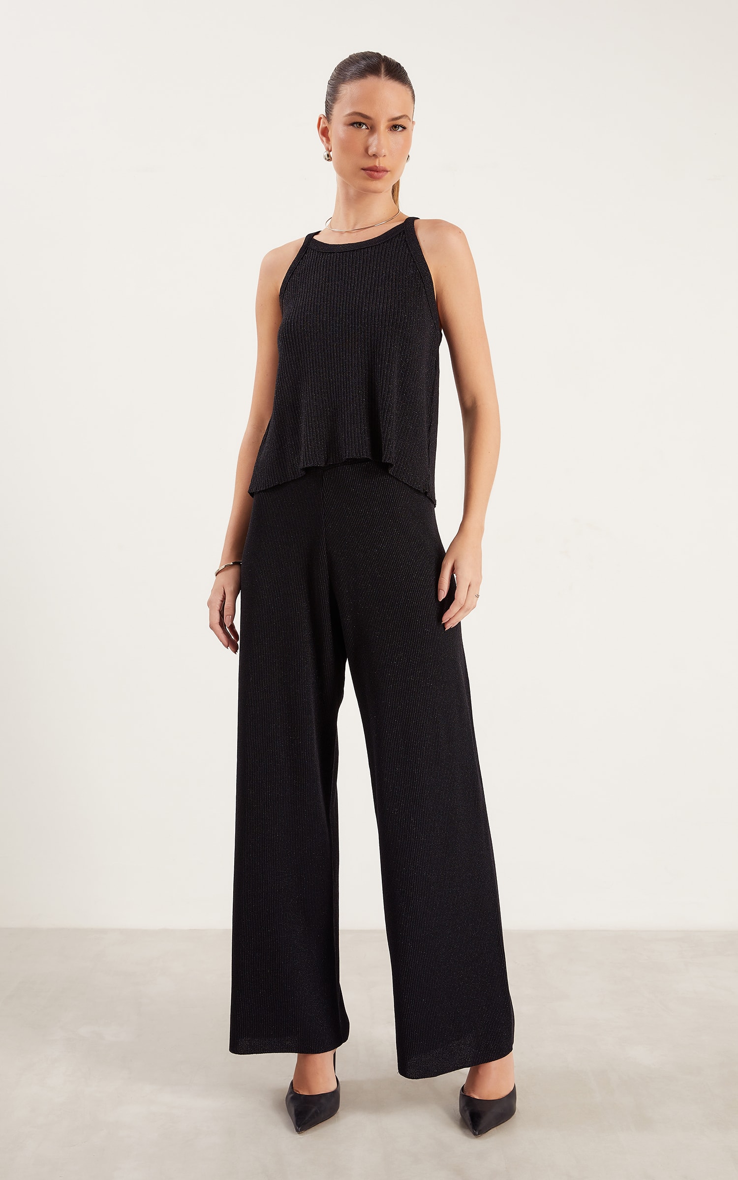 Regata Tricot Lurex Brilho Preto
