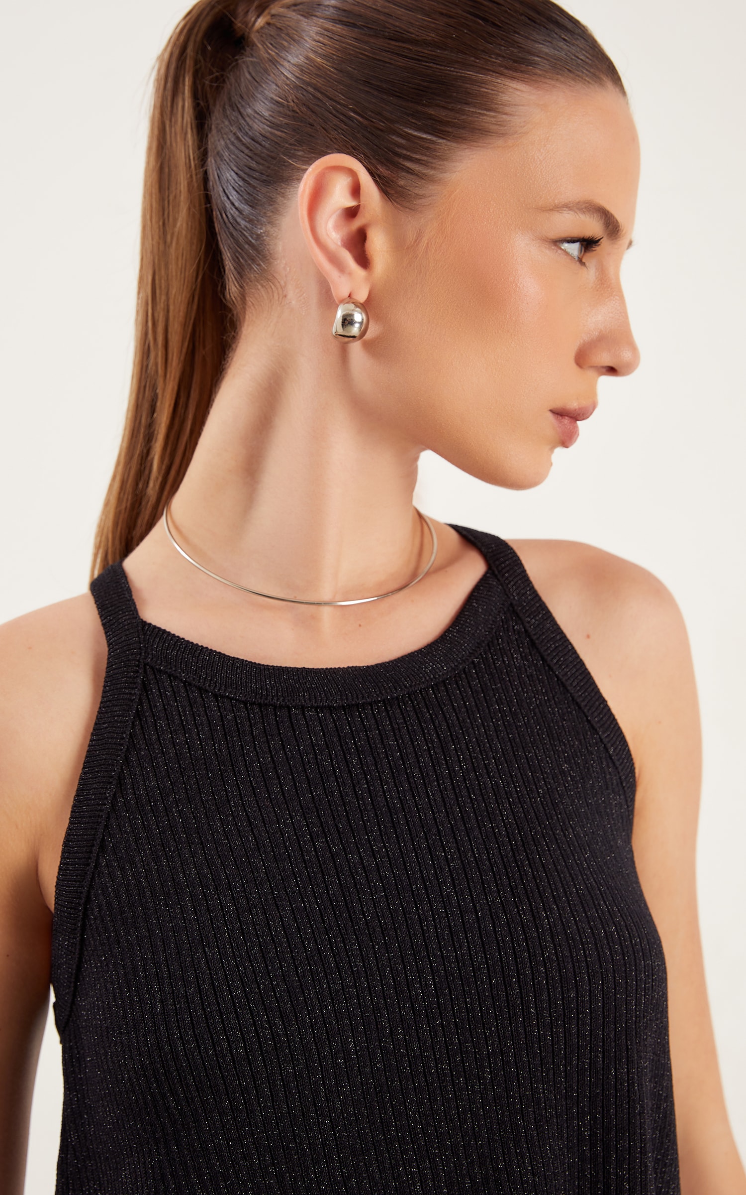 Regata Tricot Lurex Brilho Preto