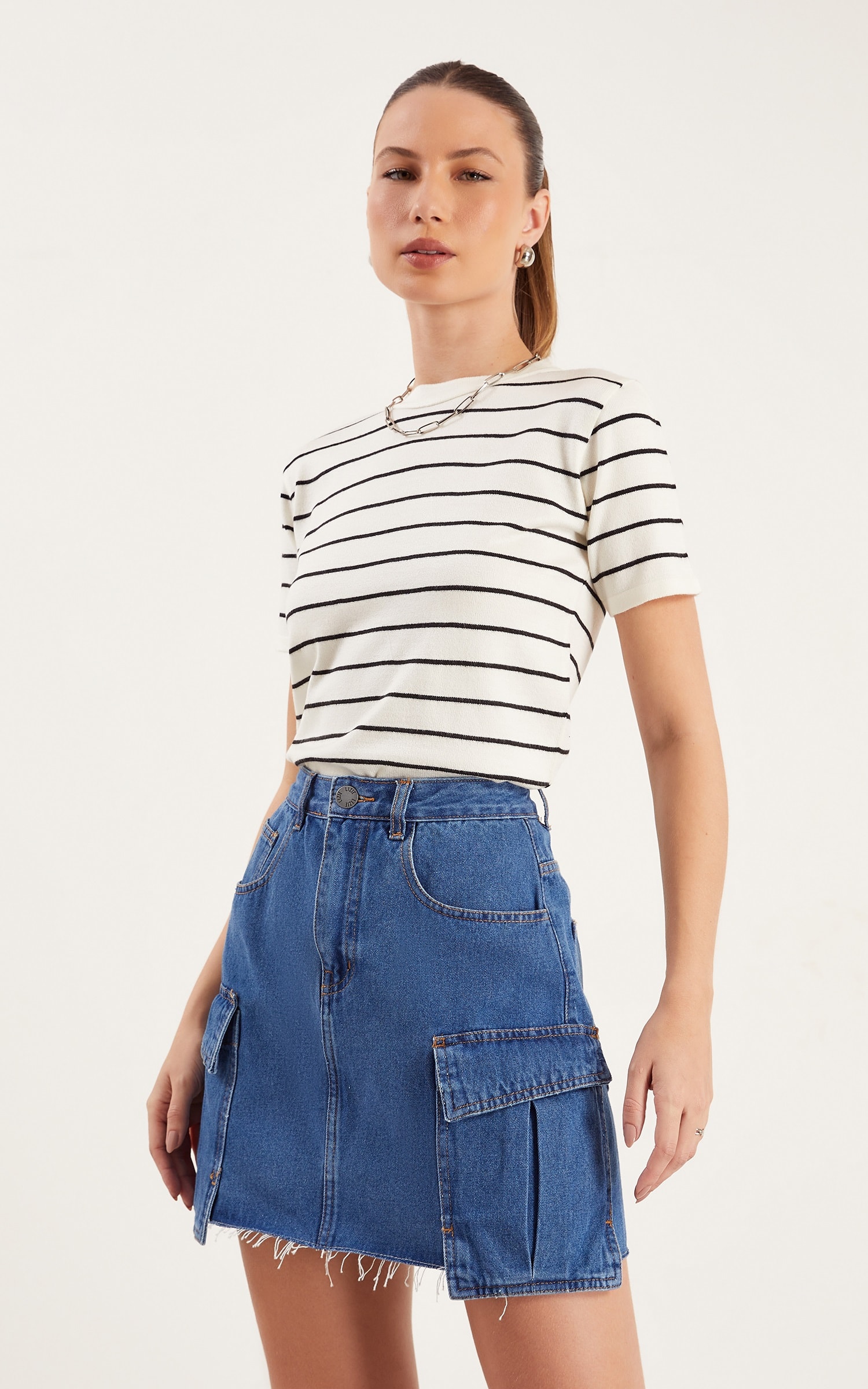 Saia Cargo Jeans Médio