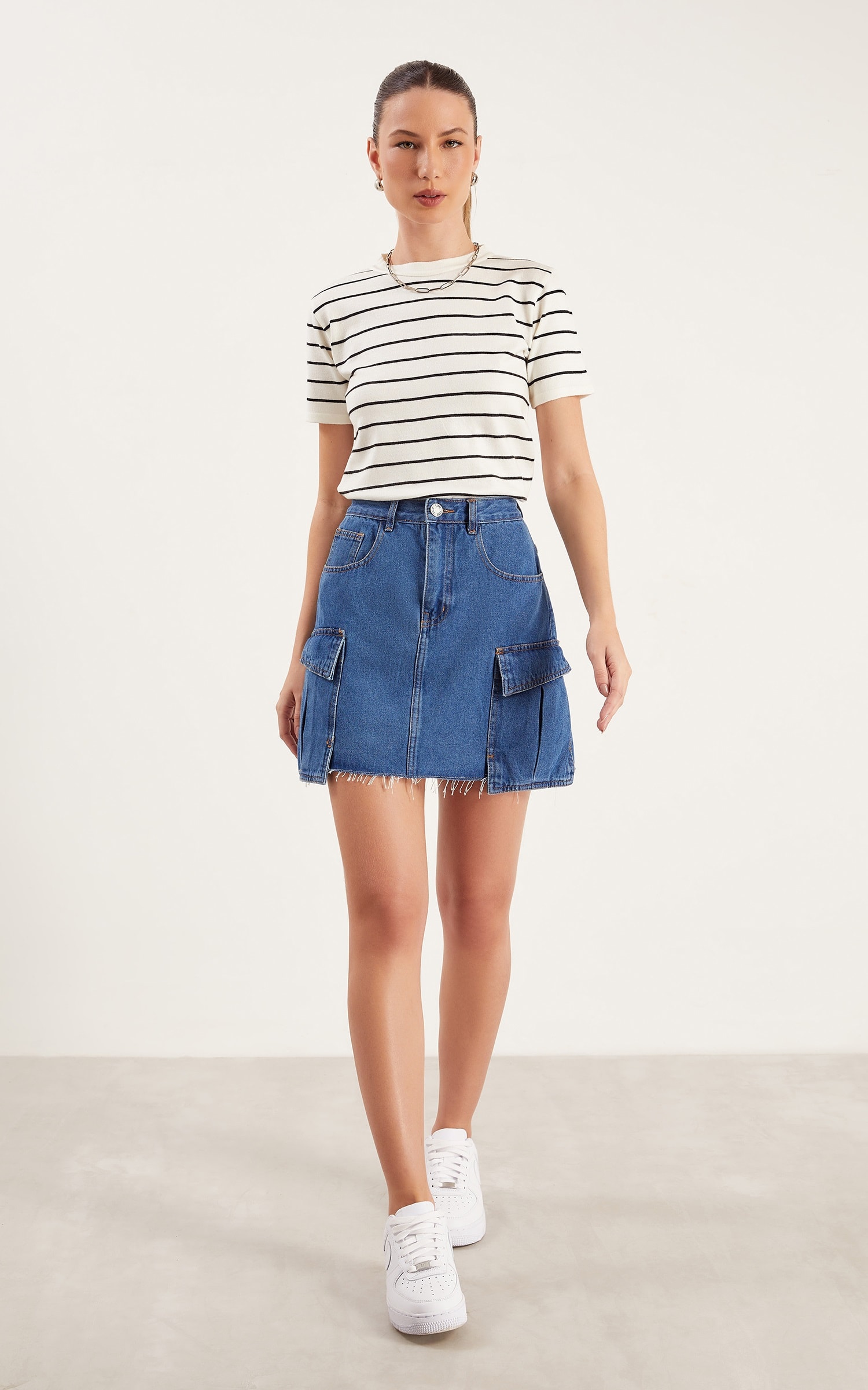 Saia Cargo Jeans Médio