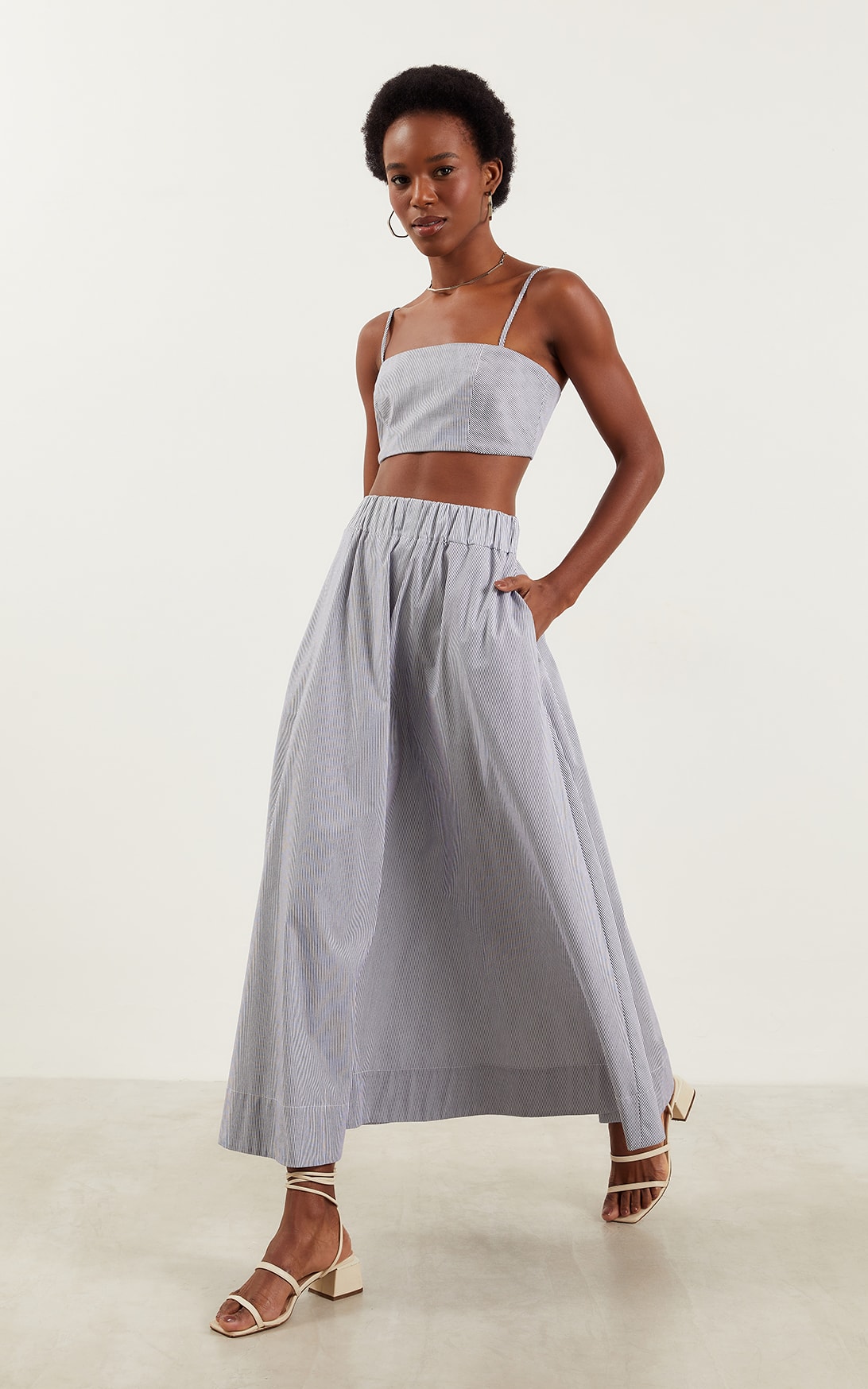 Saia Cropped Listras Marinho/Off