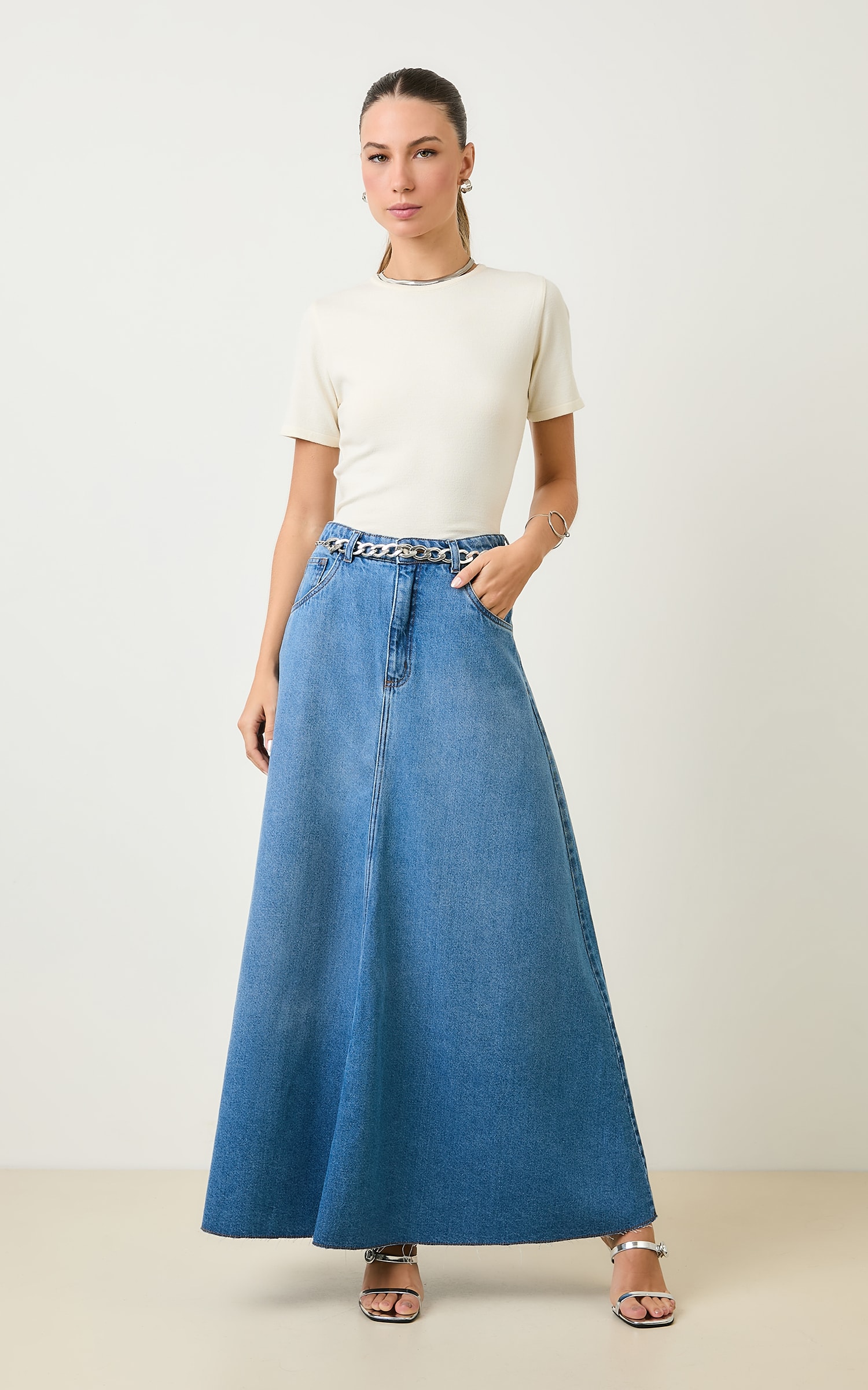 Saia Jeans Longa Evase Jeans Medio