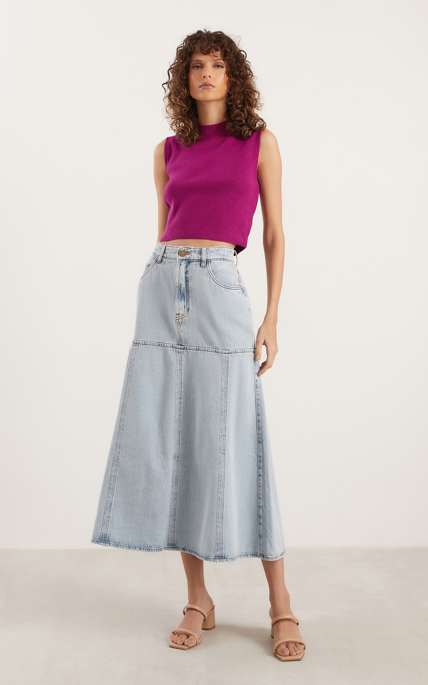 Saia Jeans Midi Godê Jeans Claro