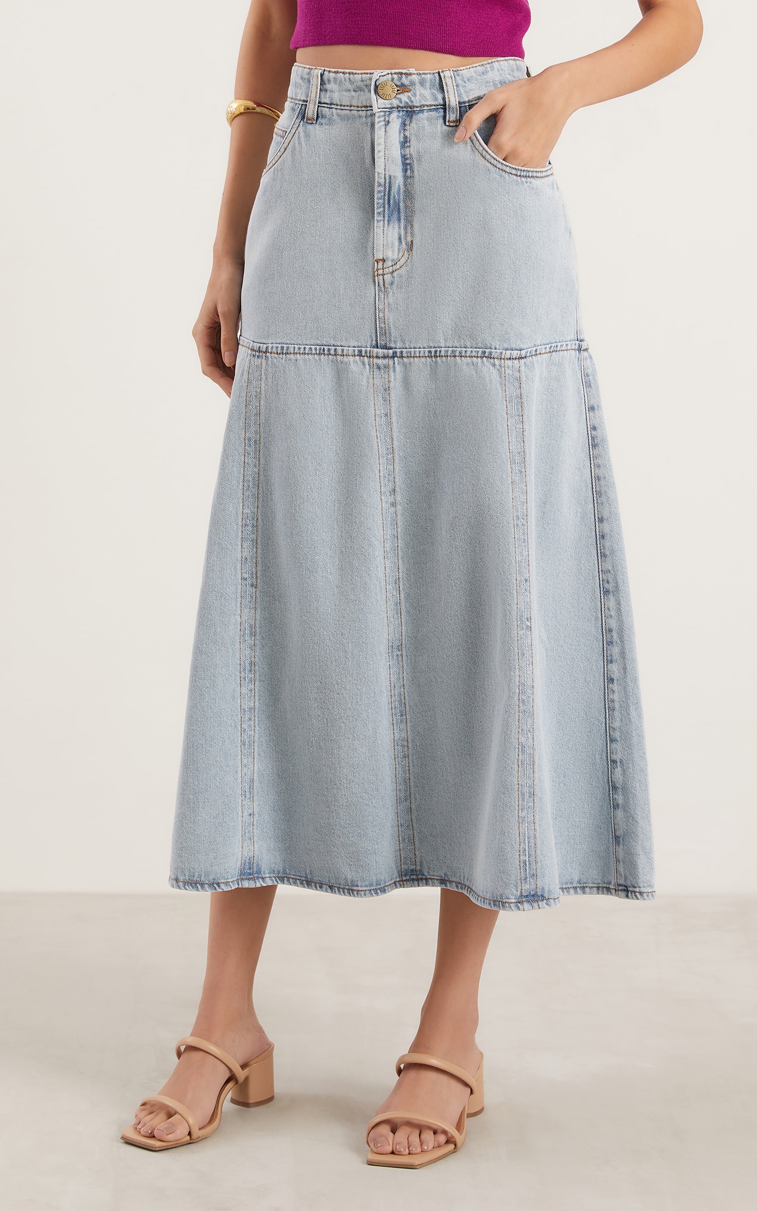 Saia Jeans Midi Godê Jeans Claro