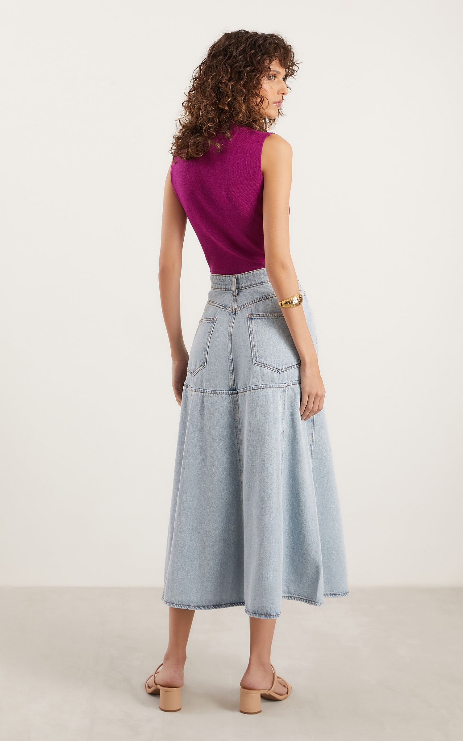 Saia Jeans Midi Godê Jeans Claro