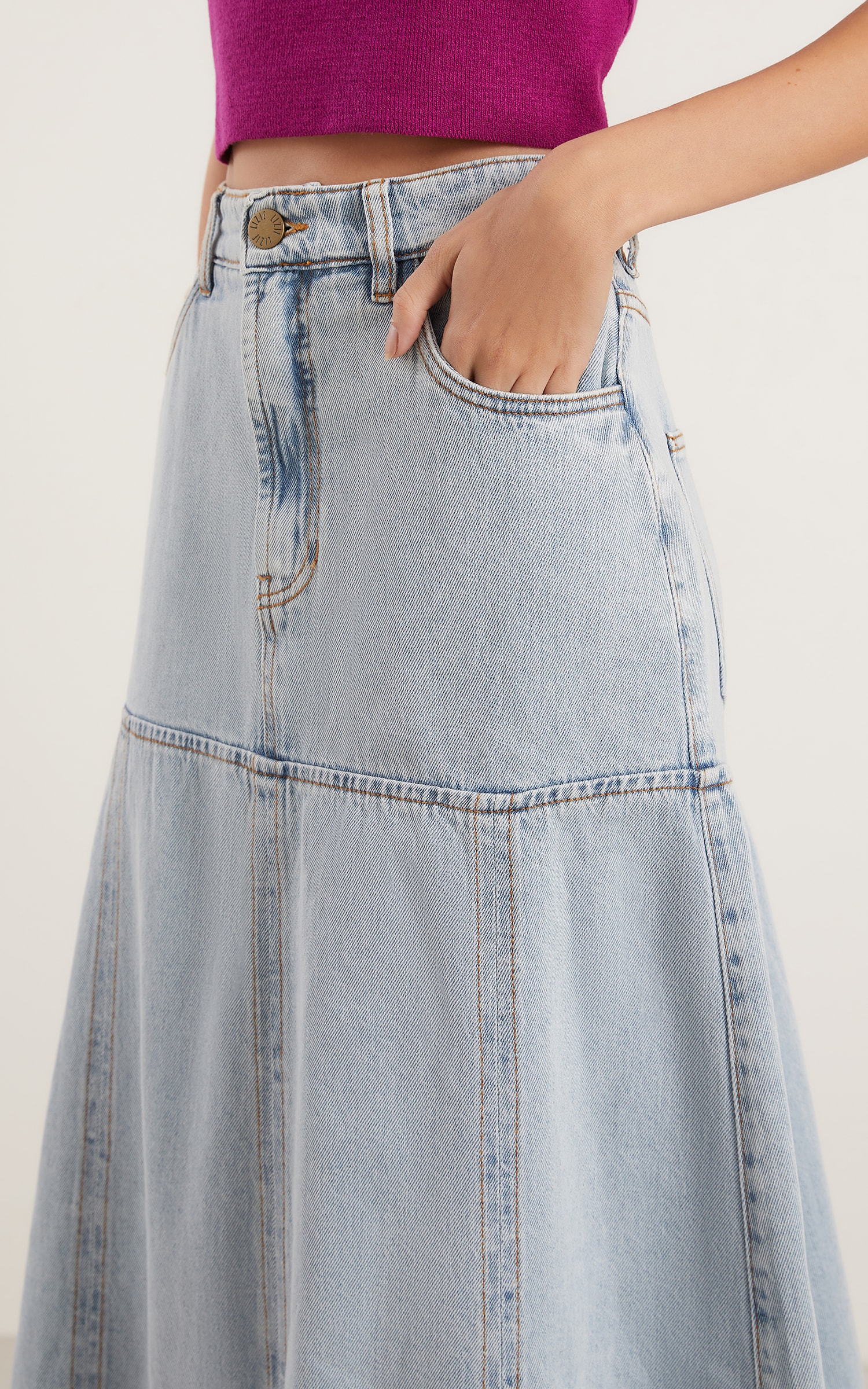 Saia Jeans Midi Godê Jeans Claro