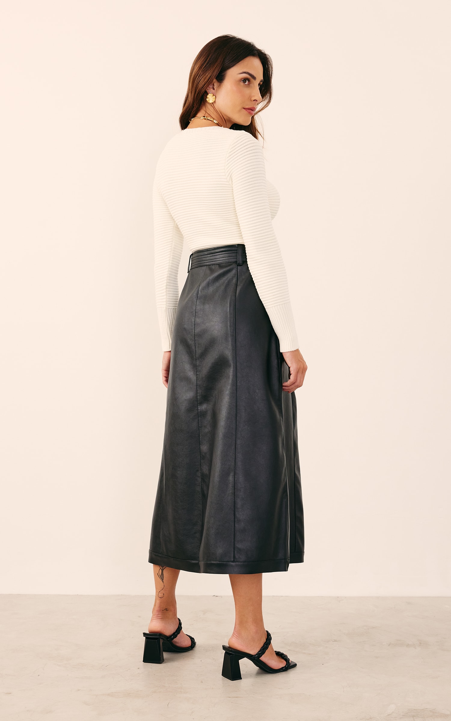 Saia Like Leather Midi Preto