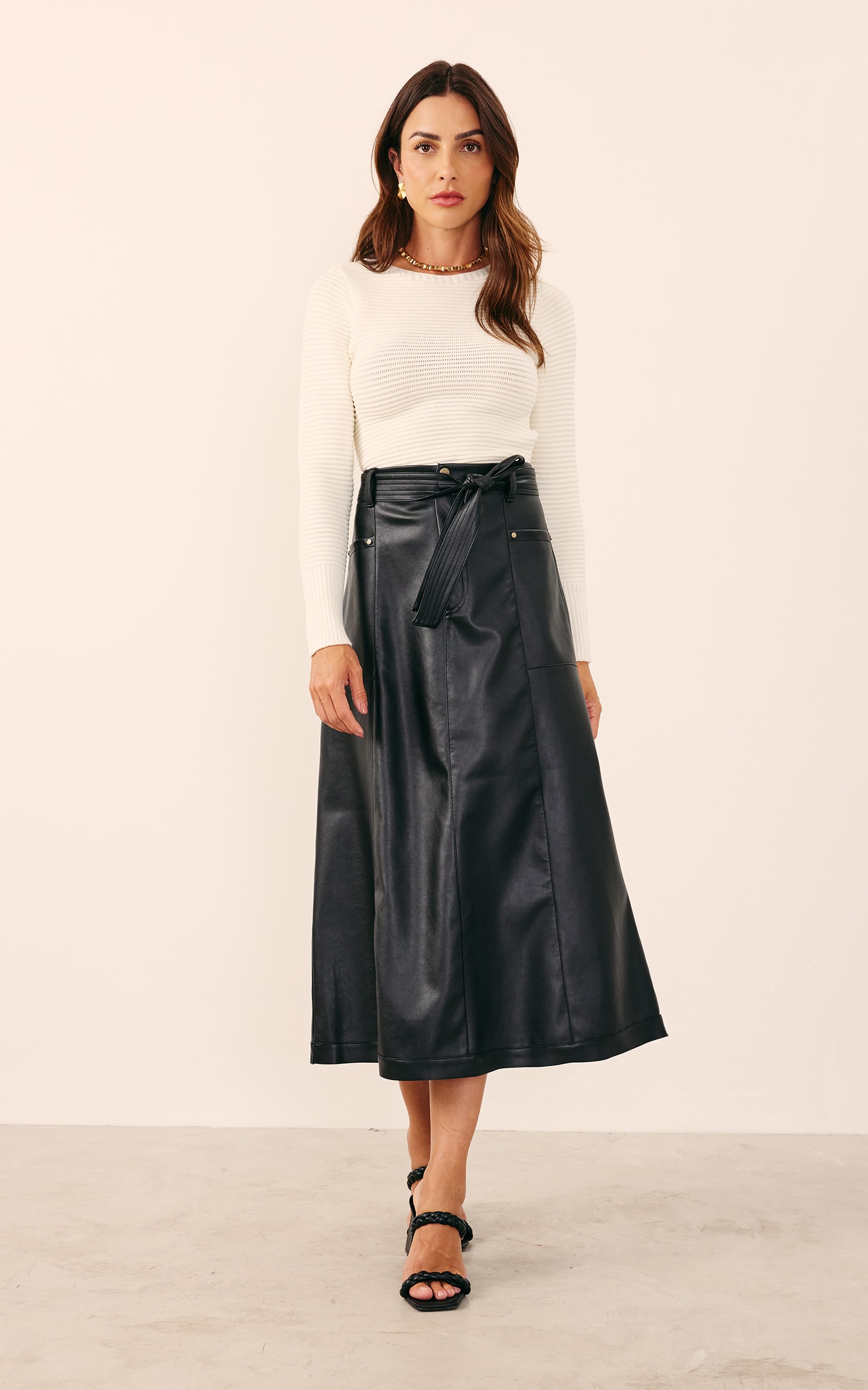 Saia Like Leather Midi Preto